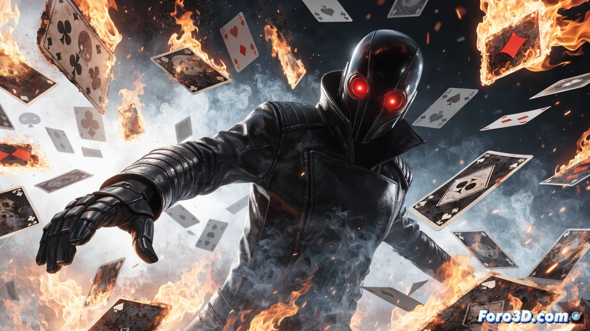 real-time card battle game scene, a player's hand of cards igniting and burning one by one as a timer runs out, glowing embers and smoke rising from the deck, a digital interface showing a rapidly increasing card count reaching one hundred cards per minute, frantic motion blur on the player's fingers selecting and discarding cards, holographic card frames with melting edges, dark neon-lit gaming setup, cinematic technical visualization, high-contrast dramatic lighting, photorealistic render of burning paper textures and electronic components, intense action frozen mid-explosion