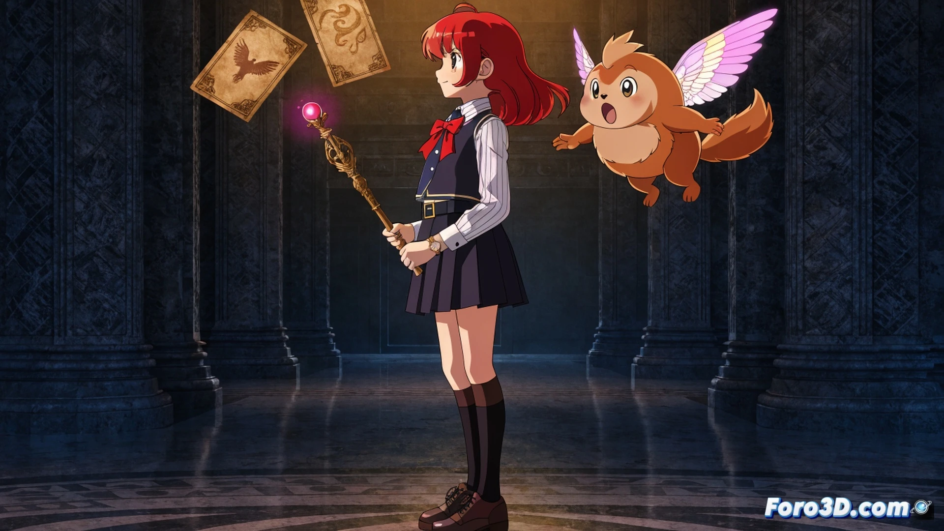 young girl in school uniform holding magical staff with glowing key tip, facing floating cards with ancient runes and elemental symbols, golden magical energy spiraling from her hand toward a swirling vortex of cards, Keroberos the winged lion guardian hovering behind her with glowing amber eyes, cherry blossom petals caught in the magical wind, Japanese school building visible in background, cinematic magical girl anime style, dynamic action pose showing card capture process, magical energy trails illustrating spell trajectory, glowing seal circle forming under her feet, dramatic lighting with warm sunset tones and sparkling magical particles, ultra-detailed fabric folds on sailor uniform, photorealistic anime render with volumetric lighting