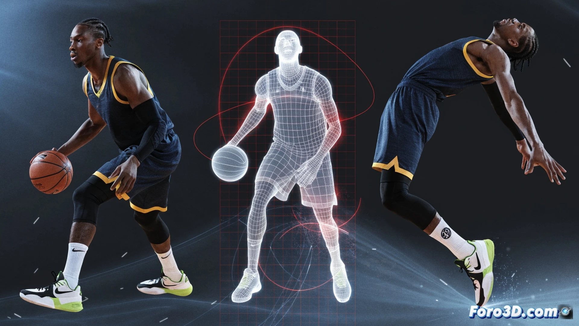 NBA player mid-stride on a glossy hardwood court, 3D motion tracking wireframe overlaying his elongated body, arms extended wide showing 2.08m wingspan, ball low and controlled during a sudden lateral cut, glowing trajectory lines from feet and hands indicating rapid direction change, surrounding defensive player frozen in anticipation, holographic tactical overlays displaying real-time angular velocity and acceleration data, cinematic engineering visualization with volumetric arena lighting, deep shadows, high contrast, photorealistic technical render