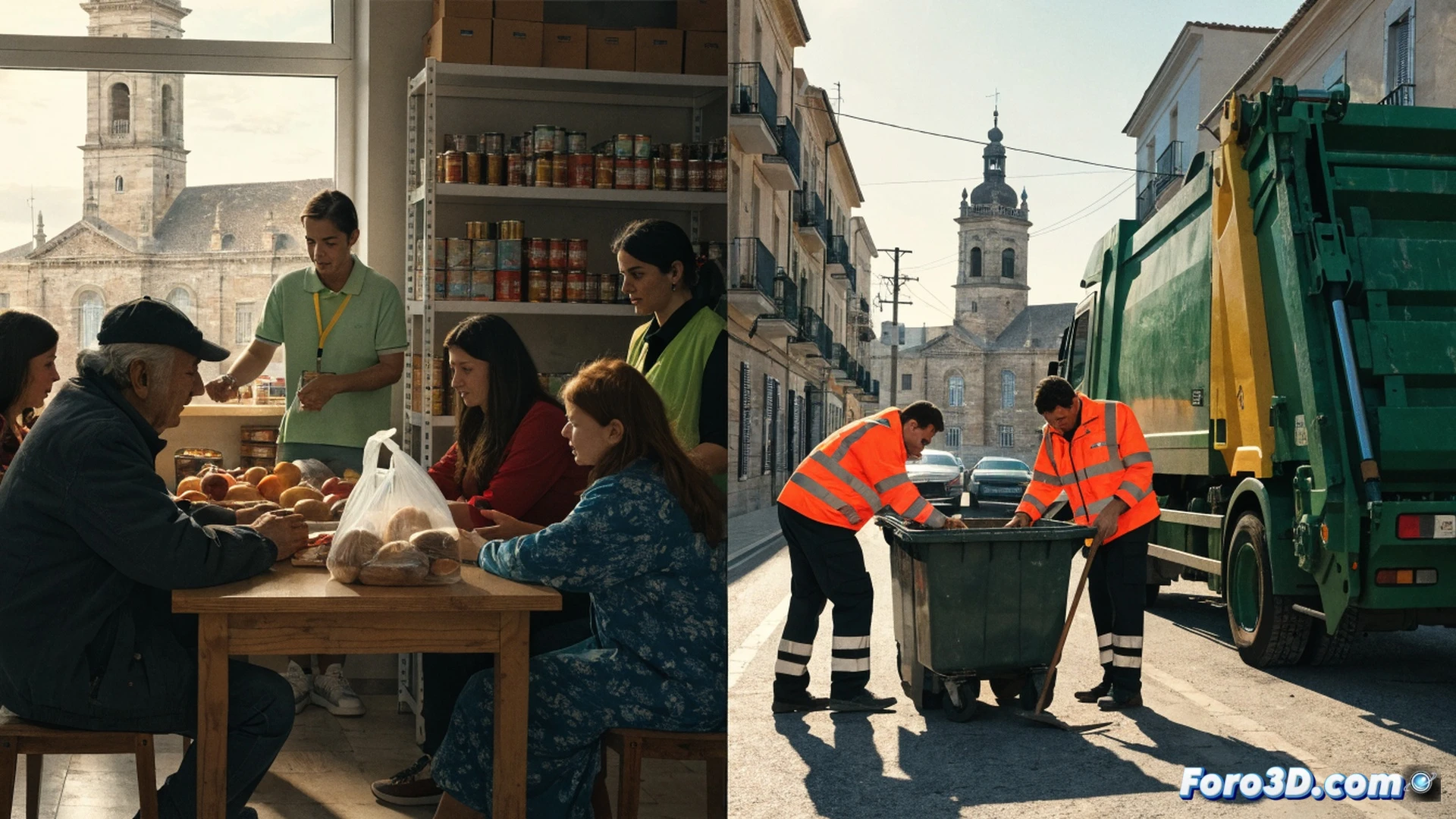 technical illustration of two parallel scenes split diagonally. Left side: Cáritas volunteer handing a food box to a family in a modest kitchen, cardboard boxes stacked, worn wooden table, warm yellow lighting. Right side: Diputación engineer inspecting waste management system, blue recycling bins, municipal truck unloading, digital tablet showing budget spreadsheet, metallic industrial containers, cold fluorescent lighting. Cinematic photorealistic render, high contrast between warm and cool tones, detailed textures of cardboard and plastic, action of giving and inspecting happening simultaneously, realistic human figures in motion, technical documentation visible on tablet screen, ultra-detailed materials, dramatic chiaroscuro lighting.