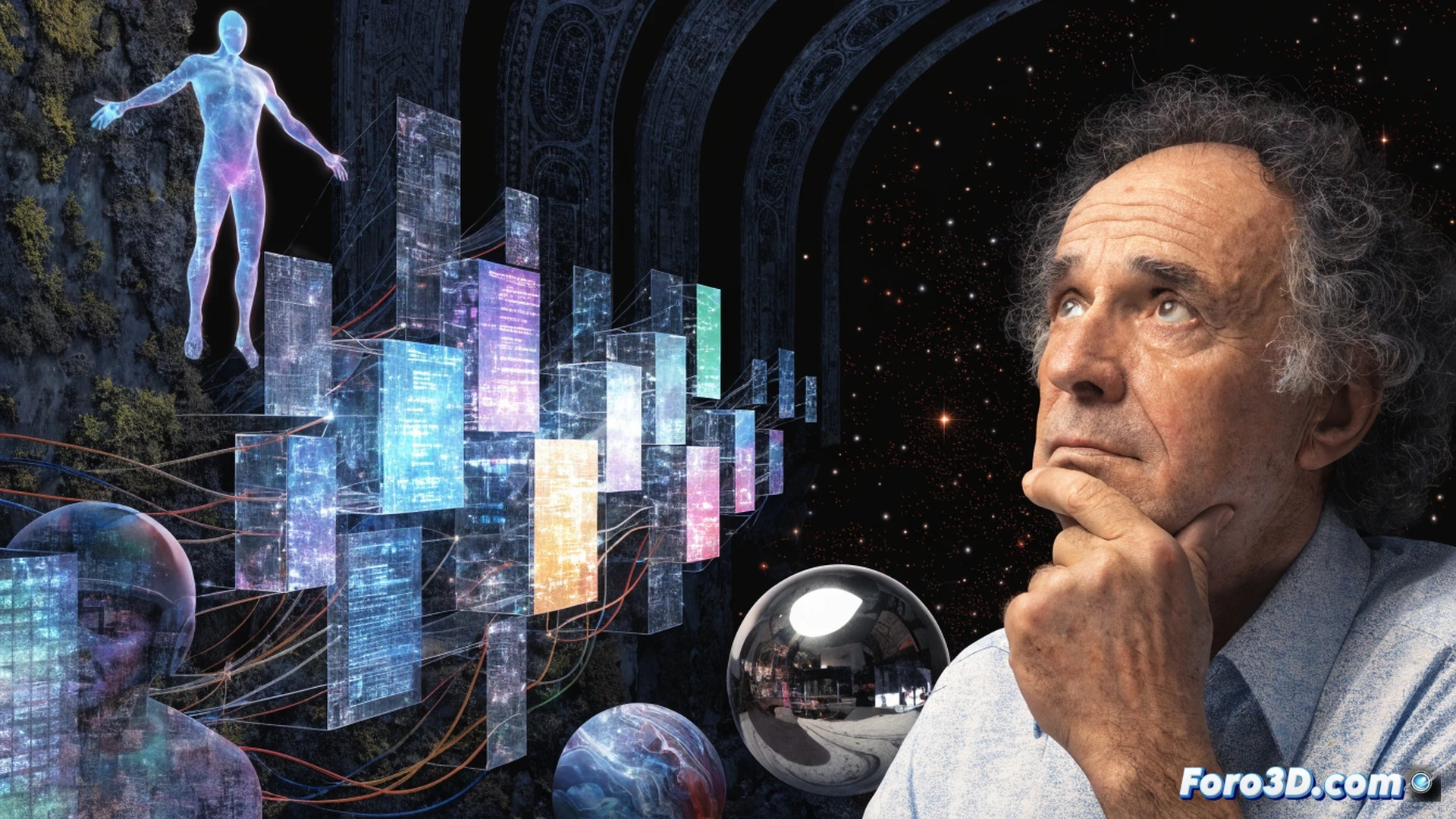 Photorealistic cinematic scene of a person using a magnifying glass to inspect a glowing holographic globe surrounded by floating digital icons and fake news symbols, while a web of interconnected data streams and verification tools like a microscope and logic puzzle pieces are visible in the background, digital debris and false information fragments being filtered through a sieve-like interface, dramatic lighting with blue and amber tones, ultra-detailed technical illustration style, action of critical evaluation and truth discovery unfolding in a dark futuristic library setting