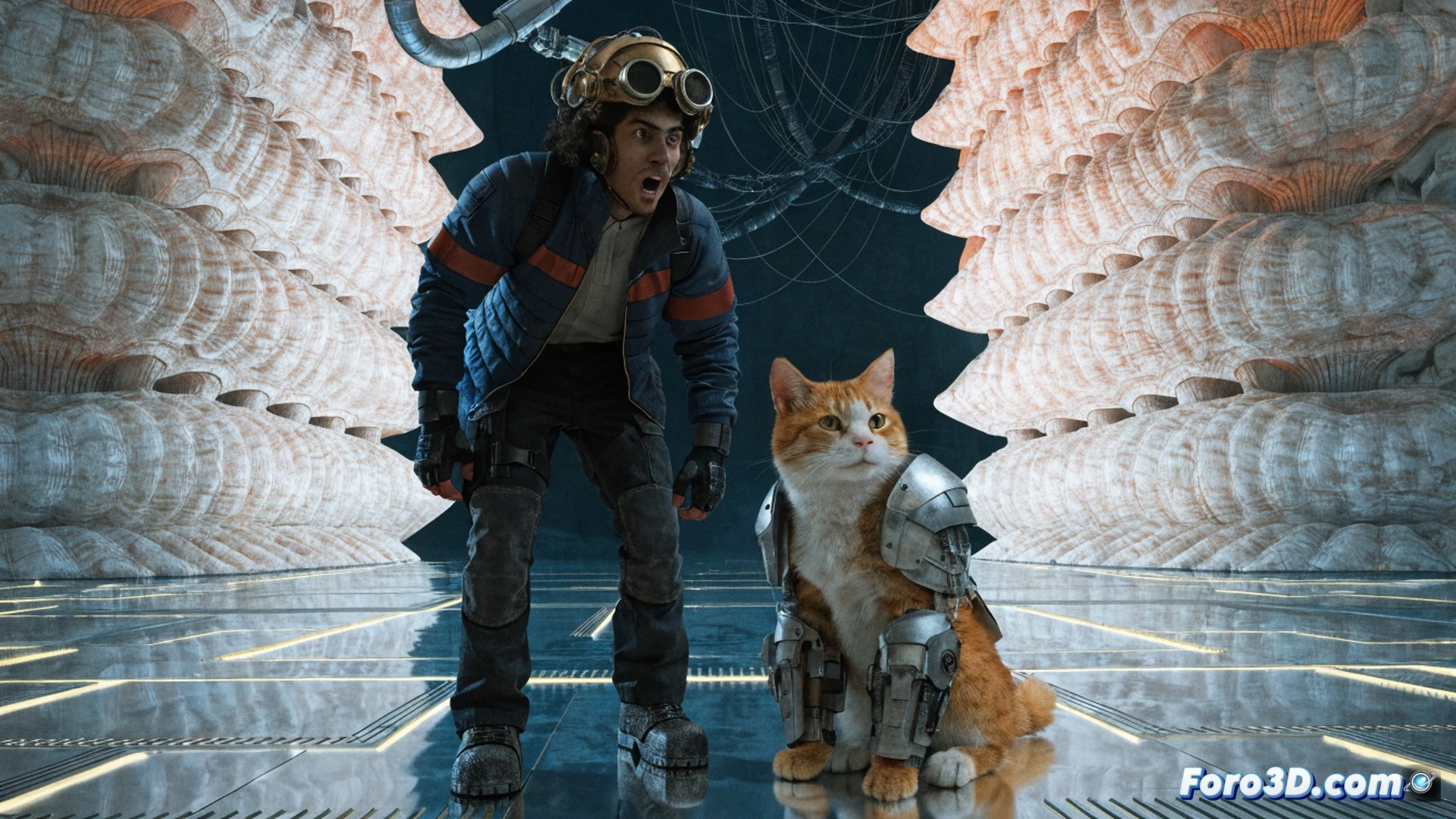 alien arena with holographic countdown timer, muscular man in bloodstained cargo vest holding a glowing dungeon key, orange tabby cat with cybernetic collar standing on a floating platform, alien spectators in crystalline booths above, neon green health bars flickering on translucent screens, tactical gear with embedded LED displays, particle effects from recent explosion, cinematic sci-fi action scene, dramatic side lighting, metallic debris suspended in zero gravity, photorealistic render with volumetric fog, high-contrast shadows, motion blur on fast-moving elements, ultra-detailed textures on futuristic technology