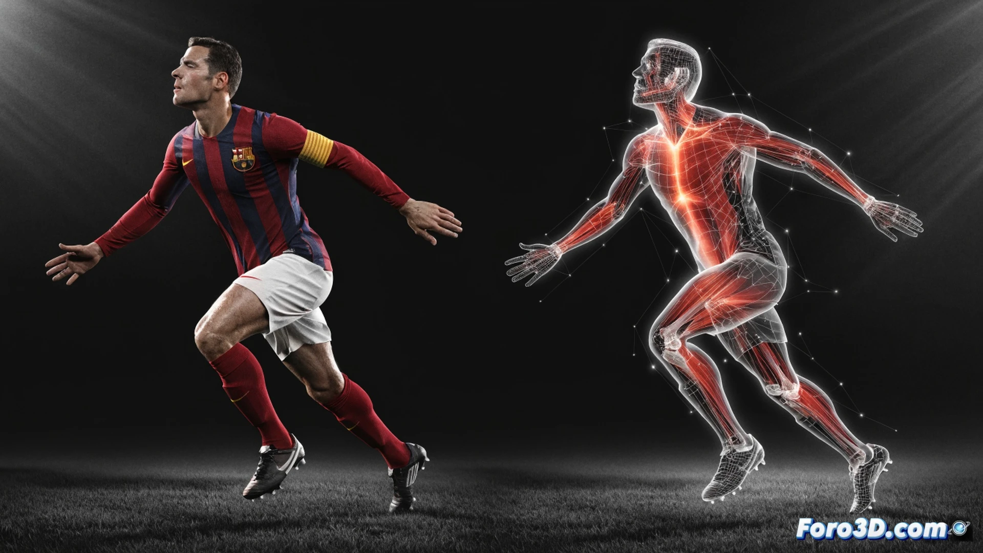 Carles Puyol biomechanical analysis, defender lunging into a sliding tackle, knee and hip joints highlighted with glowing skeletal overlays showing angular stress, muscle fibers in his thigh and calf tensed with visible strain lines, grass blades tearing under his boot studs, ball being intercepted at the last moment, 3D motion capture markers floating around his torso, wireframe grid mapping his body structure, low angle shot, dramatic stadium floodlight, sweat droplets frozen mid-air, photorealistic cinematic render, engineering visualization style