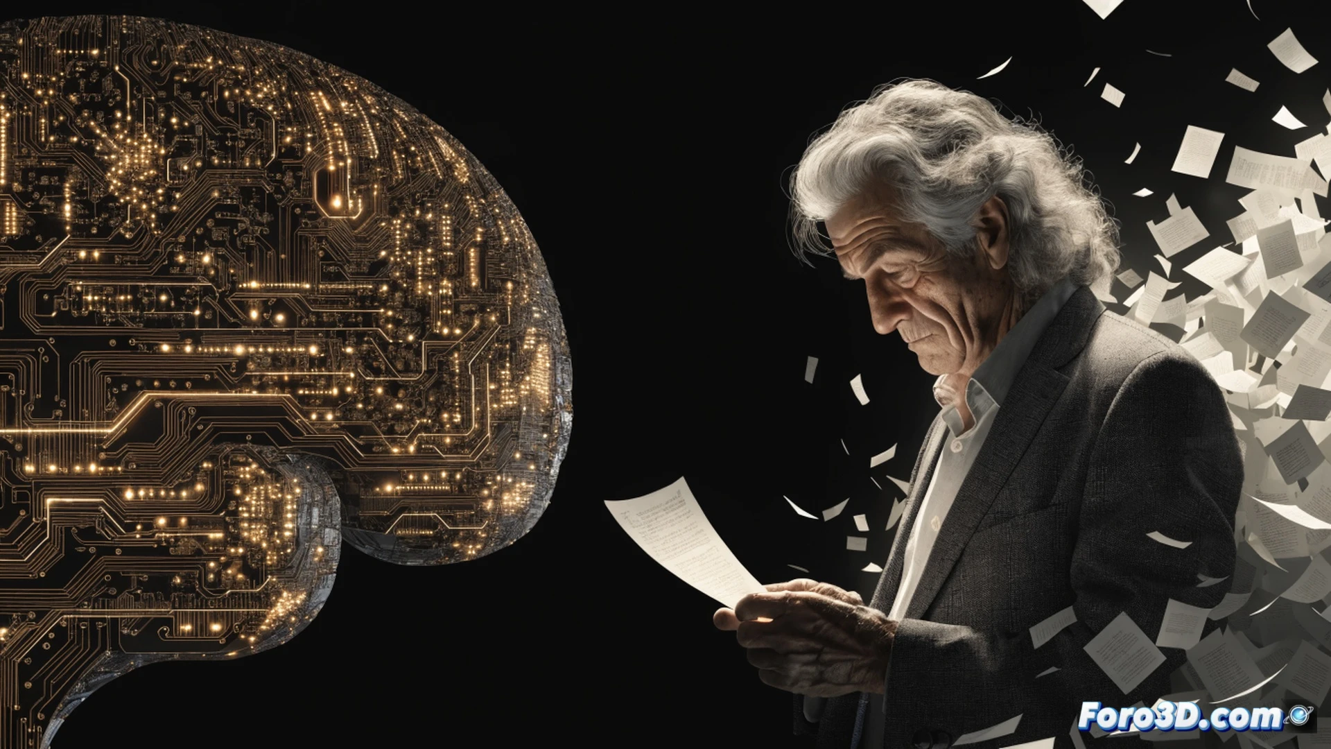 Carlos del Amor escribiendo en una libreta vintage frente a una pantalla de ordenador mostrando líneas de código de IA, su mano sostiene una pluma fuente mientras la otra señala un micrófono antiguo, papeles manuscritos esparcidos sobre la mesa, una taza de café humeante junto a un teclado mecánico retroiluminado, fondo de librería con libros de periodismo cultural, luz cálida de lámpara de escritorio contrastando con el frío resplandor azul del monitor, estilo cinematográfico fotorrealista, enfoque nítido en la expresión concentrada del periodista, textura de papel arrugado y tinta seca, profundidad de campo suave, tonos sepia y azul acero, composición equilibrada entre lo analógico y lo digital.
