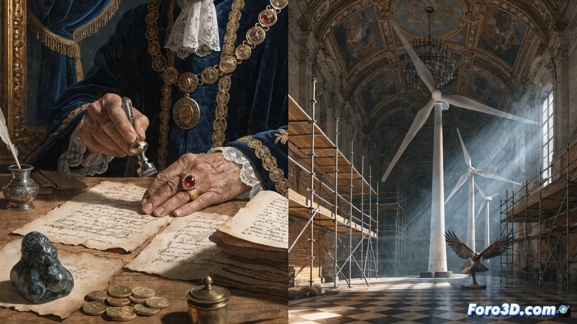 photorealistic wide-angle shot of Buckingham Palace facade, construction scaffolding and renovation tarps covering parts of the building, a giant transparent coin with a crown emblem floating above the palace, a digital tax receipt showing 35 million pounds burning with smoke trails, a wind turbine blade being lifted by a crane next to the palace, a queue of miniature taxpayer silhouettes pulling money bags toward the palace entrance, dramatic overcast sky with storm clouds, golden light illuminating the royal crest, cinematic technical illustration style, ultra-detailed stone masonry and scaffolding metal joints, atmospheric haze around the construction site, realistic financial document textures
