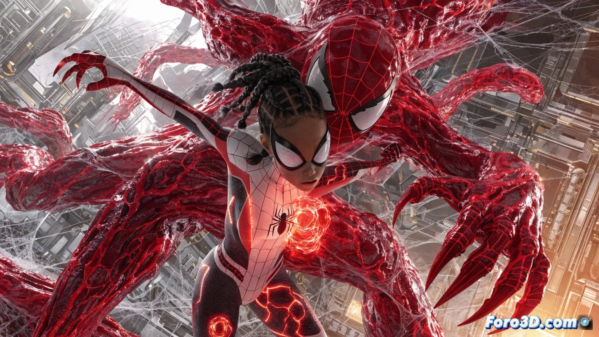 simbionte rojo carmesí fusionándose con el traje de Spider-Girl en un laboratorio escolar abandonado, tentáculos líquidos envolviendo su brazo mientras sostiene un dispositivo de absorción de energía, fondo con estanterías metálicas y equipos de soldadura, partículas de simbionte flotando en el aire, estilo cinematográfico oscuro, iluminación dramática de ventanas rotas, texturas viscosas y metálicas ultrarrealistas, representación técnica de fusión biotecnológica, acción congelada en el momento del contacto simbiótico