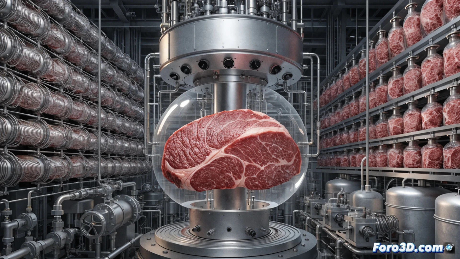 bioreactor interior con cultivo celular, células madre transformándose en fibras musculares y grasa visibles bajo microscopio electrónico, medio nutritivo fluyendo a través de canales microfluídicos, sensores ópticos monitoreando crecimiento en tiempo real, estructura de andamio biocompatible mostrando proliferación celular acelerada, proceso de conversión en 8 días demostrado con cronómetro digital borroso en fondo, estilo de visualización de ingeniería biomédica, iluminación azul fría de laboratorio, texturas húmedas y orgánicas, render fotorrealista técnico, alta definición de detalles celulares
