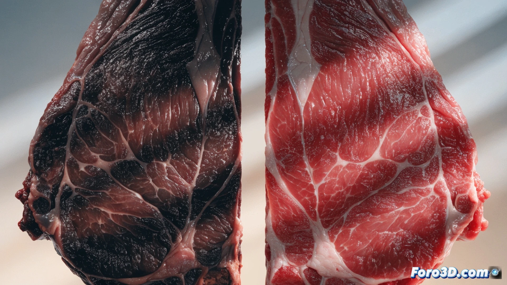 close-up of a raw beef steak on a wooden cutting board, one half showing deep brown oxidation color, the other half bright red, a biologist s gloved hand pressing the meat surface to test texture, a small digital thermometer inserted into the steak, a kitchen timer showing 48 hours nearby, photorealistic culinary science visualization, dramatic side lighting highlighting meat fibers and color contrast, condensation droplets on fresh meat, matte surface on oxidized portion, stainless steel utensils in background, hyper-detailed texture of muscle tissue, realistic food photography style