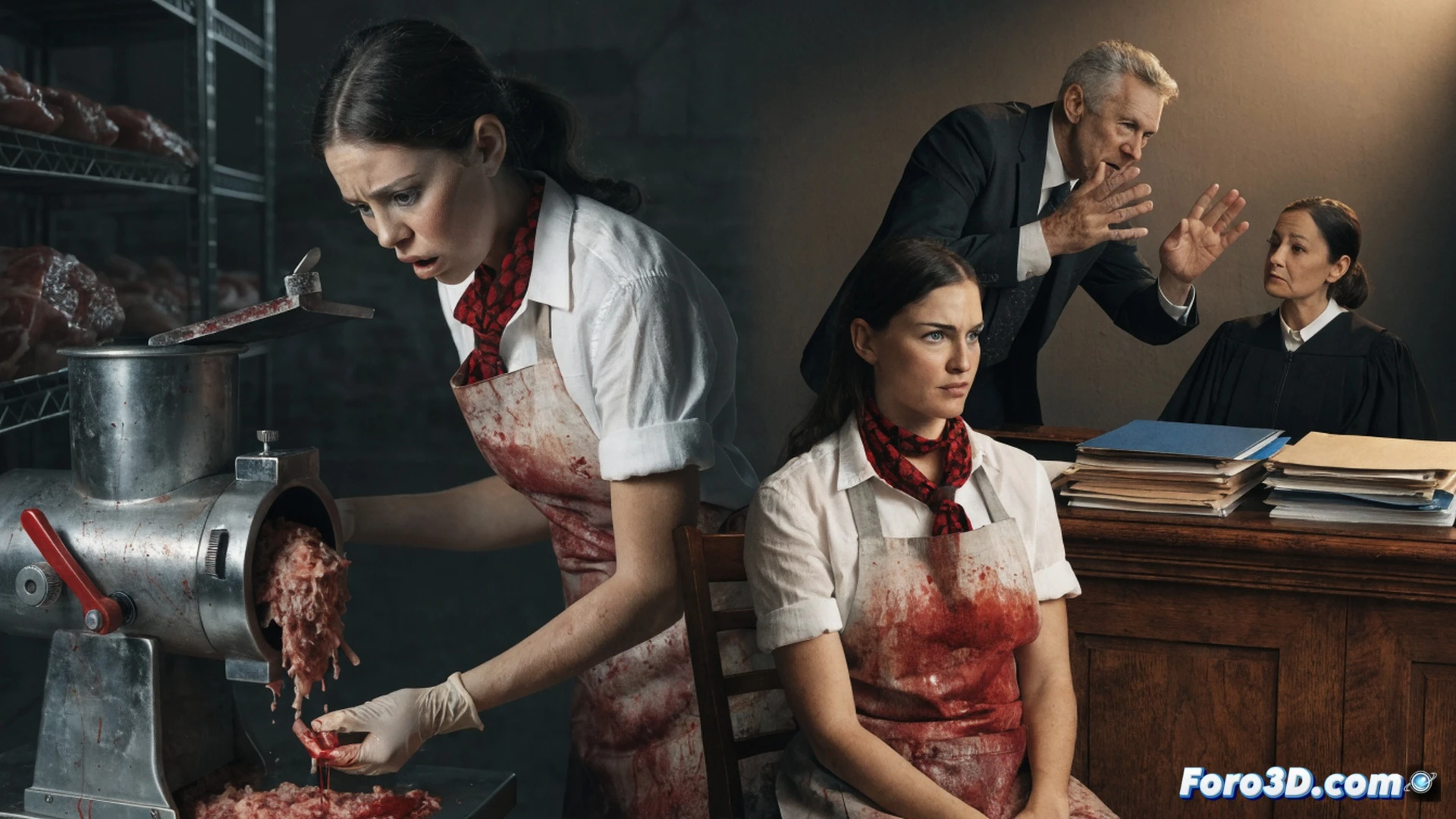 industrial kitchen accident scene, stainless steel meat grinder machine with exposed blades and safety interlock failure, severed fingertip on the cutting drum surface, blood splatter on white tiles, worker in bloodstained apron stepping back in shock, lawyer pointing at the missing guard sensor, insurance documents and settlement cheque for 82000 euros on the table, technical forensic reconstruction with annotated mechanical components, dramatic overhead fluorescent lighting, photorealistic engineering visualization, cold metallic textures, clinical cleanliness contrasted with violent injury, ultra-detailed metal surfaces and hydraulic mechanisms