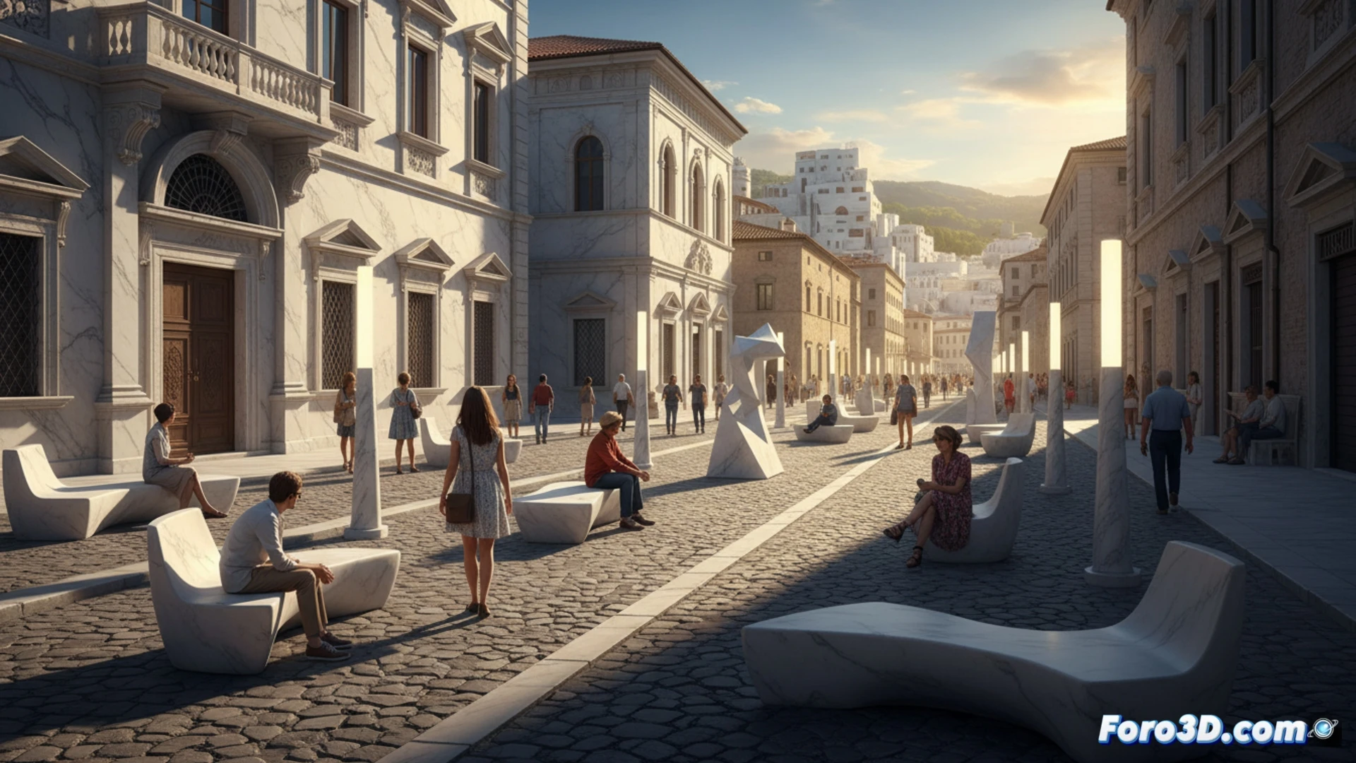 sunlit Carrara marble quarry, white stone blocks being carved into urban furniture, a designer using a digital tablet to adjust a parametric model of a marble bench, robotic arm polishing a street lamp base, dust particles floating in golden light, photorealistic architectural visualization, clean geometric lines, soft shadows across cobblestone plaza, warm Italian afternoon atmosphere, ultra-detailed marble texture, engineering precision with artistic composition