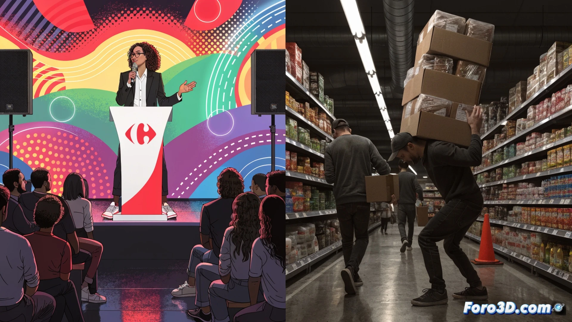 Cinematic photorealistic scene showing a polished corporate stage at a festival with a Carrefour speaker gesturing towards a glowing digital rights presentation, while behind the stage a store backroom reveals a worker in a cramped uniform adjusting a faulty barcode scanner next to a stack of expired inventory, surveillance cameras and time-tracking software terminals visible, broken shelf brackets and tangled cables on the floor, harsh fluorescent light contrasting with the warm stage spotlights, dramatic tension between the two environments, ultra-detailed textures of plastic badges, metal shelving, and dusty concrete, technical illustration style with realistic shadows and reflections.