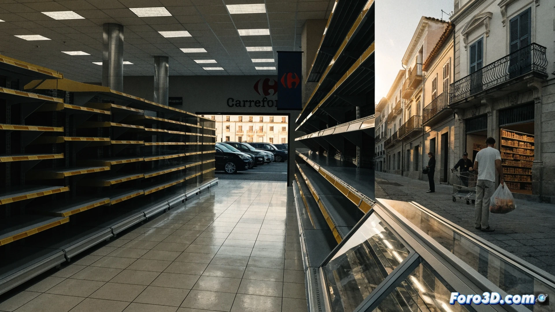 supermarket aisle with empty shelves, a single worker in orange vest restocking a half-empty bread rack while a customer holds a cart with no milk or eggs, logistics truck parked outside visible through glass doors, cinematic photorealistic style, warm fluorescent lighting, stark contrast between full and empty sections, dust particles floating in light beams, frustrated customer expression, detailed packaging and barcode labels, realistic retail environment, technical documentation aesthetic
