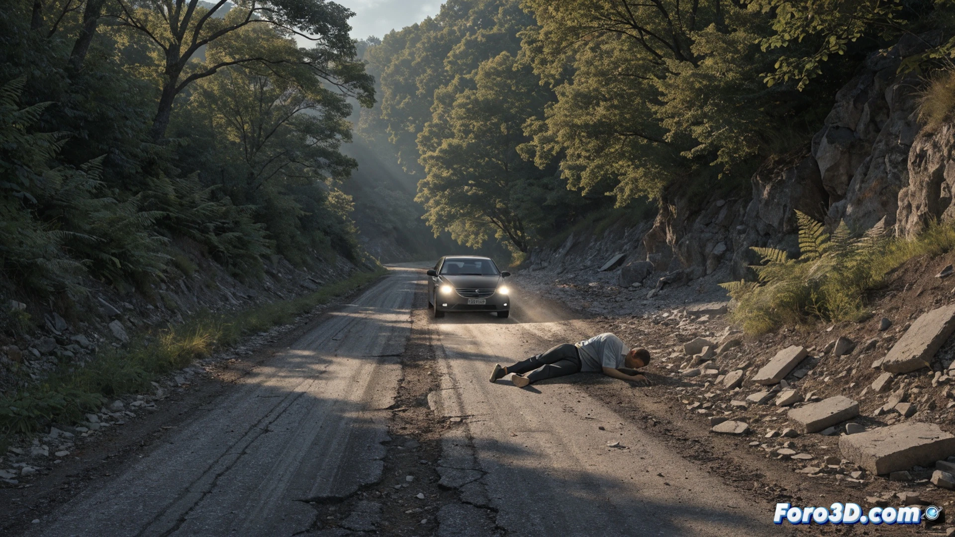 Carretera secundaria nocturna con curvas sin barandilla, un coche derrapando sobre firme agrietado y baches, neumático trasero levantando polvo y gravilla, señalización reflectante desgastada y apenas visible, poste de madera caído al borde del asfalto, faro delantero iluminando un tramo con socavones, diseño cinematográfico de alto contraste, estilo fotorealista técnico, iluminación dramática con sombras profundas, textura rugosa del asfalto deteriorado, atmósfera de peligro inminente, ángulo bajo mostrando la trayectoria del vehículo hacia el desnivel.