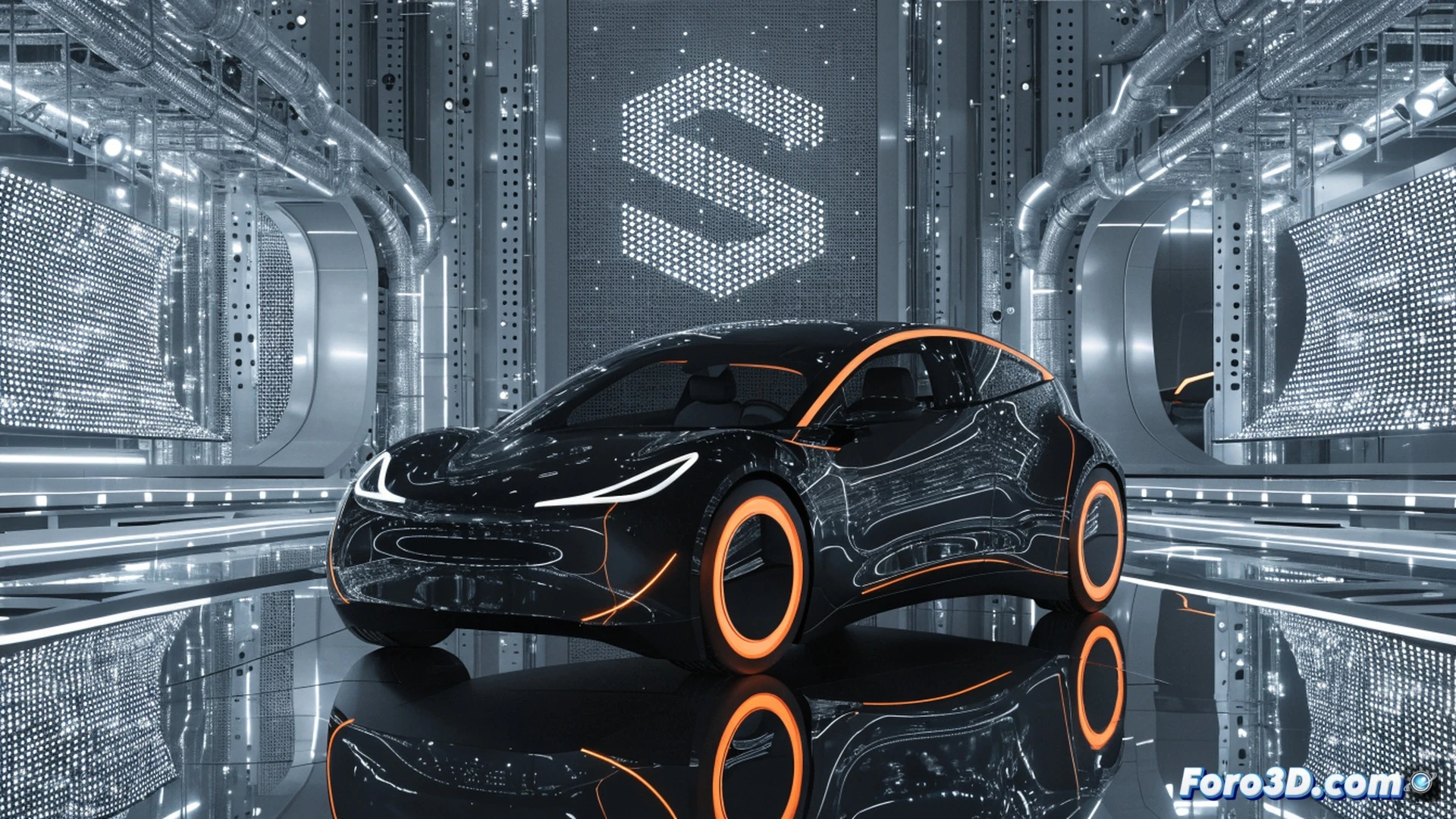Carro used car inspection station, workers scanning vehicle chassis with handheld diagnostic tablets while holographic data panels float above engine bay, SoftBank logo subtly glowing on server rack in background, conveyor belt moving cars through automated quality check tunnel, photorealistic technical illustration, cinematic lighting with cool blue tones, metallic reflections on tools, dust particles suspended in bright workshop lights, detailed mechanical components visible through transparent car hood