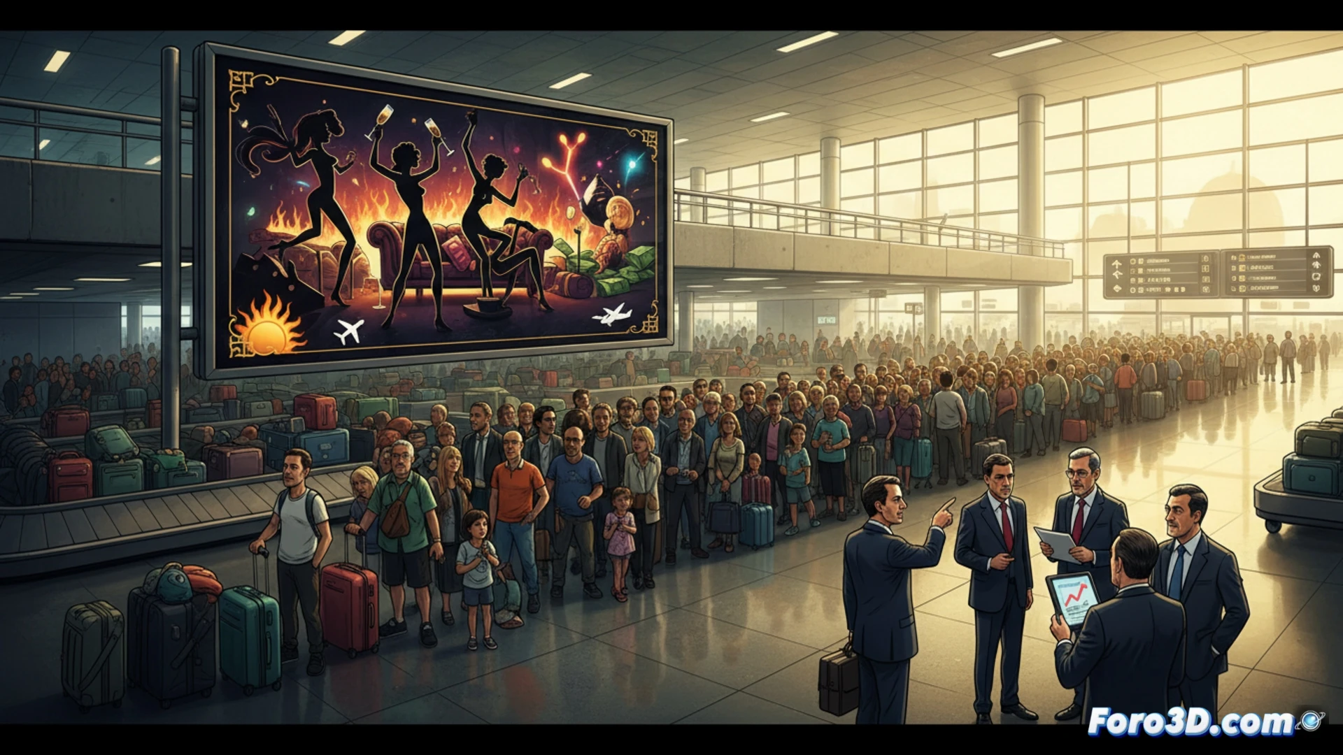 crowded airport terminal interior, exhausted residents dragging luggage through endless security queues, overflow crowds spilling onto tarmac near a grounded aircraft, a single oversized billboard in the background displaying a crude party scene with beer mugs and neon lights, contrast between chaotic infrastructure and offensive advertisement, cinematic photorealistic visualization, harsh fluorescent lighting, sweat on faces, dust particles in air, motion blur of frustrated travelers, ultra-detailed architectural glass walls and metal barriers, dramatic tension between human exhaustion and commercial excess, wide-angle lens distortion emphasizing claustrophobic space