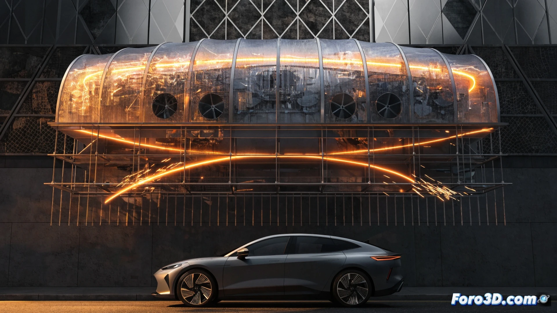 three-dimensional billboard on roadside, wind turbines inside the display spinning as a real Xpeng G6 electric SUV drives past, airflow lines visualized in translucent blue sweeping from the moving vehicle into the turbines, kinetic energy transferring to illuminate the billboard panel, cinematic engineering visualization, photorealistic lighting, sleek automotive design, motion blur on the car wheels, glowing energy pathways connecting the car to the sign, ultra-detailed mechanical components inside the billboard, dramatic sunset sky contrasting with the bright advertisement, high-contrast industrial scene