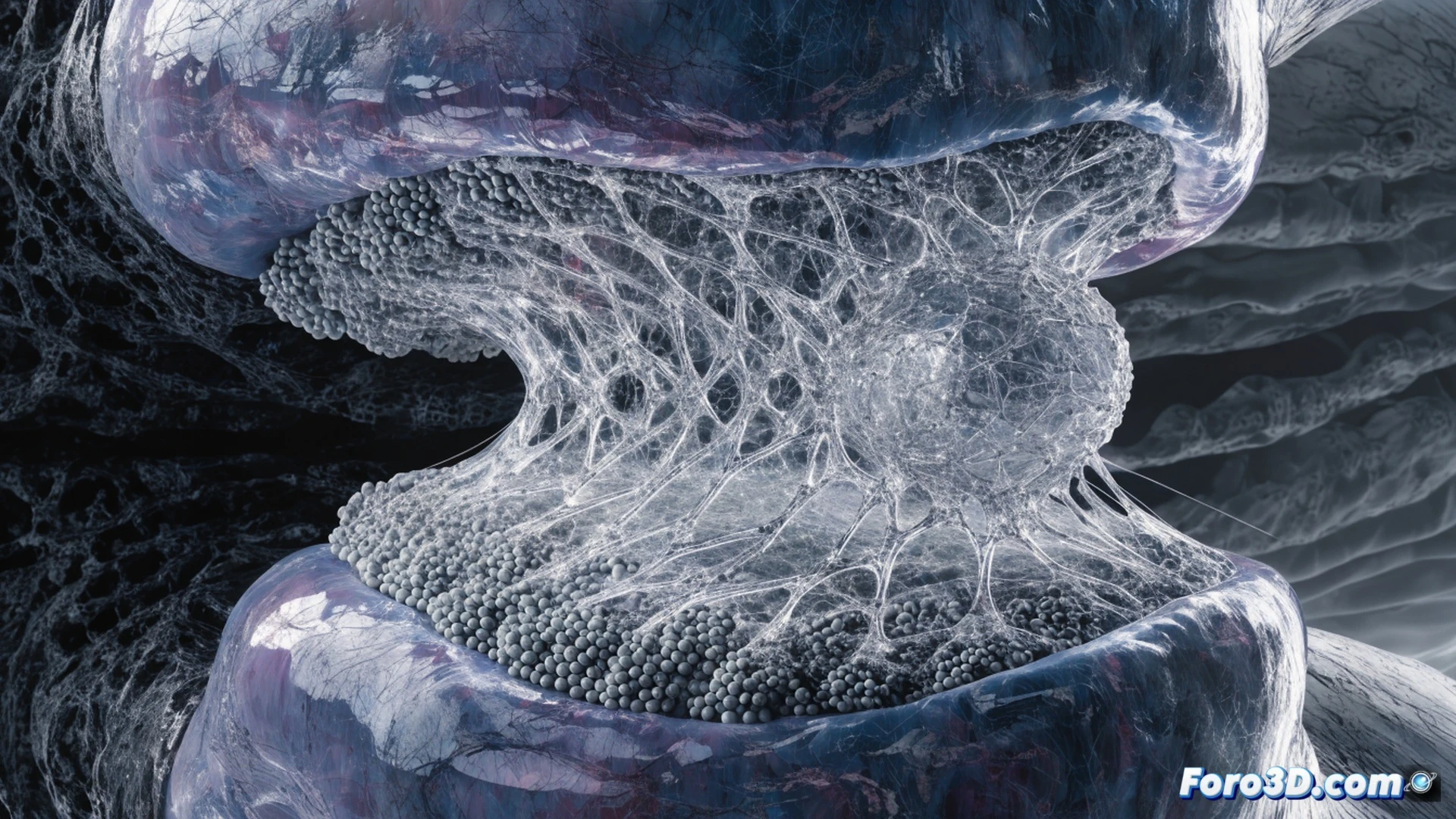 photorealistic medical illustration showing a translucent artificial cartilage implant being injected into a damaged knee joint via a thin needle, no incision visible, surrounding synovial fluid glowing softly, microscopic scaffold structure with hexagonal lattice patterns, bone surfaces with osteophyte growth gradually smoothing as cartilage regenerates, soft blue and pink tissue tones, clinical lighting from overhead surgical lamp, detailed anatomical accuracy, cinematic depth of field, technical visualization of regenerative process