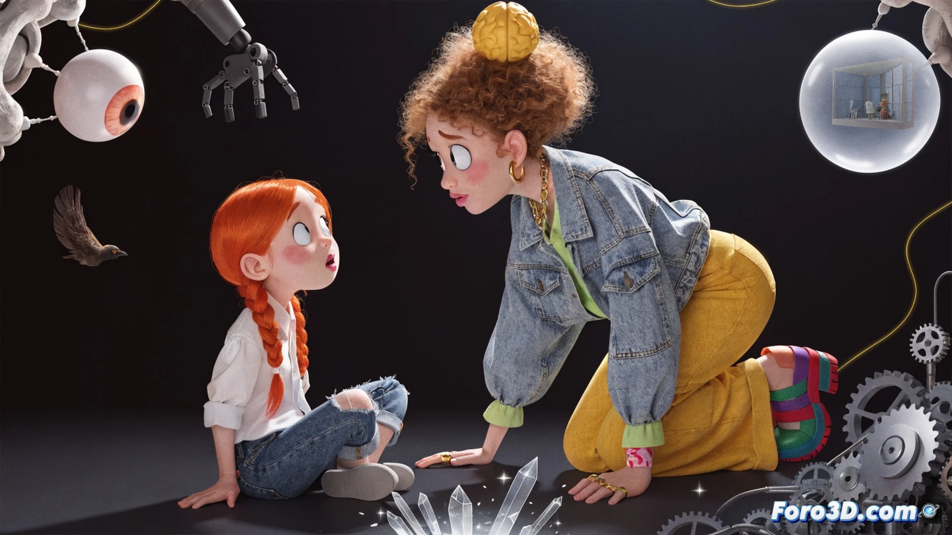 animated mother and child sitting on a grassy hill, child holding a small dead bird in cupped hands, mother pointing at a cartoon-style bird bouncing off a tree trunk in mid-air, child watching the bouncing bird with wide eyes, traditional animation frames visible on a nearby tablet showing squash-and-stretch motion, soft afternoon sunlight filtering through leaves, warm nostalgic color palette, cinematic storytelling composition, hand-drawn aesthetic blending into realistic textures, photorealistic background with illustrative characters, emotional quiet moment during a difficult conversation