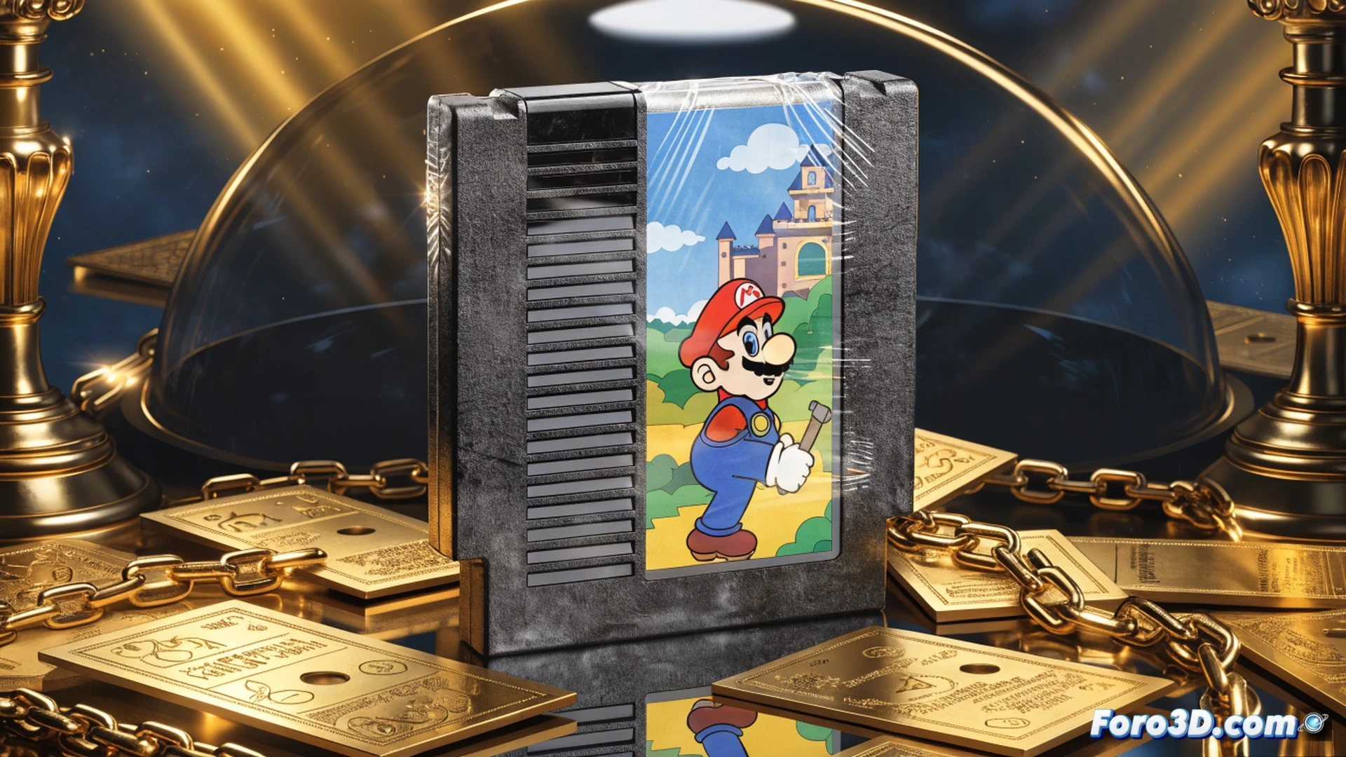 Vintage Nintendo Entertainment System cartridge being carefully inspected under magnifying glass by a gloved archivist, golden collector-grade plastic case reflecting soft museum lighting, microscopic examination of factory seal and manufacturing stamp on side edge, vintage 1980s electronic components visible through translucent cartridge shell, cinematic technical documentation style, dramatic chiaroscuro lighting highlighting dust-free pristine surface, hyperdetailed retro console hardware, archival preservation equipment in background, photorealistic museum-quality still life