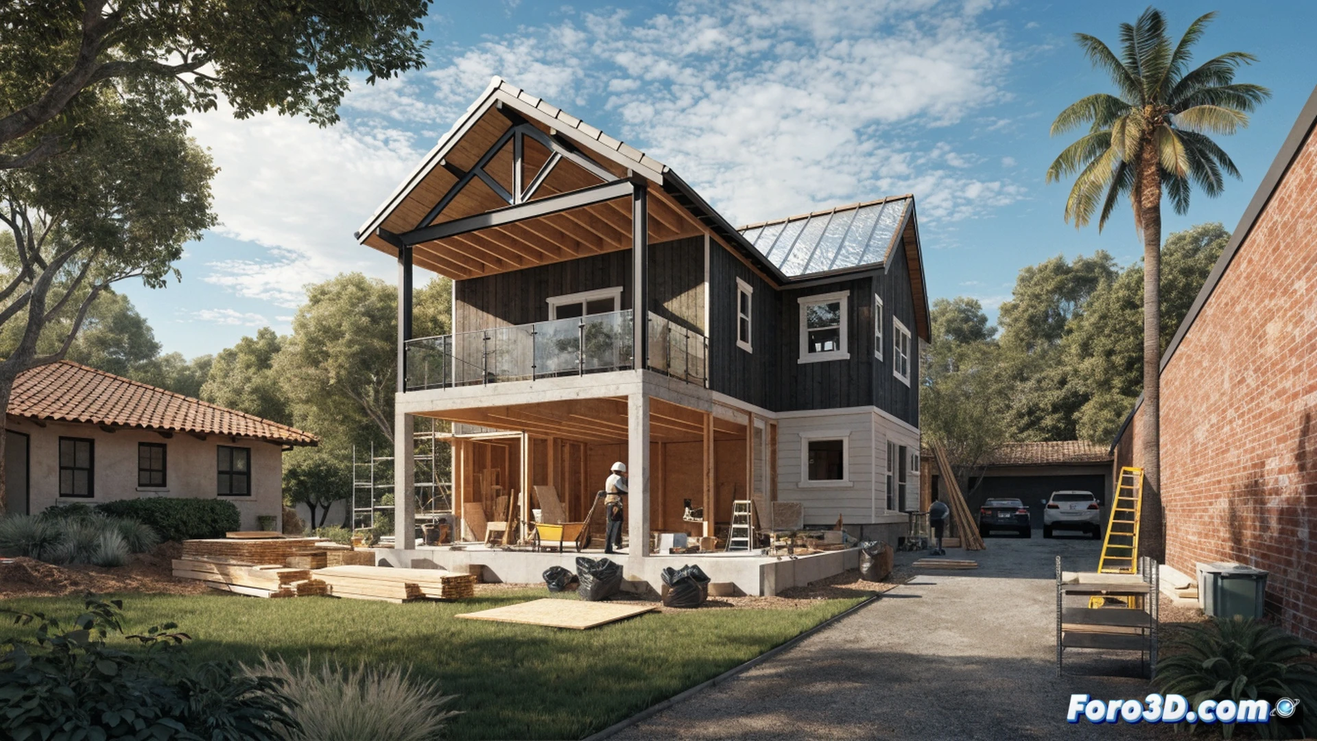 Aerial view of a suburban California garden construction site, a partially built two-bedroom accessory dwelling unit with senior-adapted bathroom fixtures visible through open framing, a woman reviewing blueprints while a contractor points at a digital tablet showing cost overruns, piles of expensive materials like custom grab bars and non-slip flooring stacked nearby, municipal permit documents pinned to a temporary fence, cinematic photorealistic engineering visualization, golden afternoon sunlight casting long shadows over unfinished walls and exposed wiring, ultra-detailed textures of lumber and concrete, dramatic contrast between the cozy main house and the stalled construction project