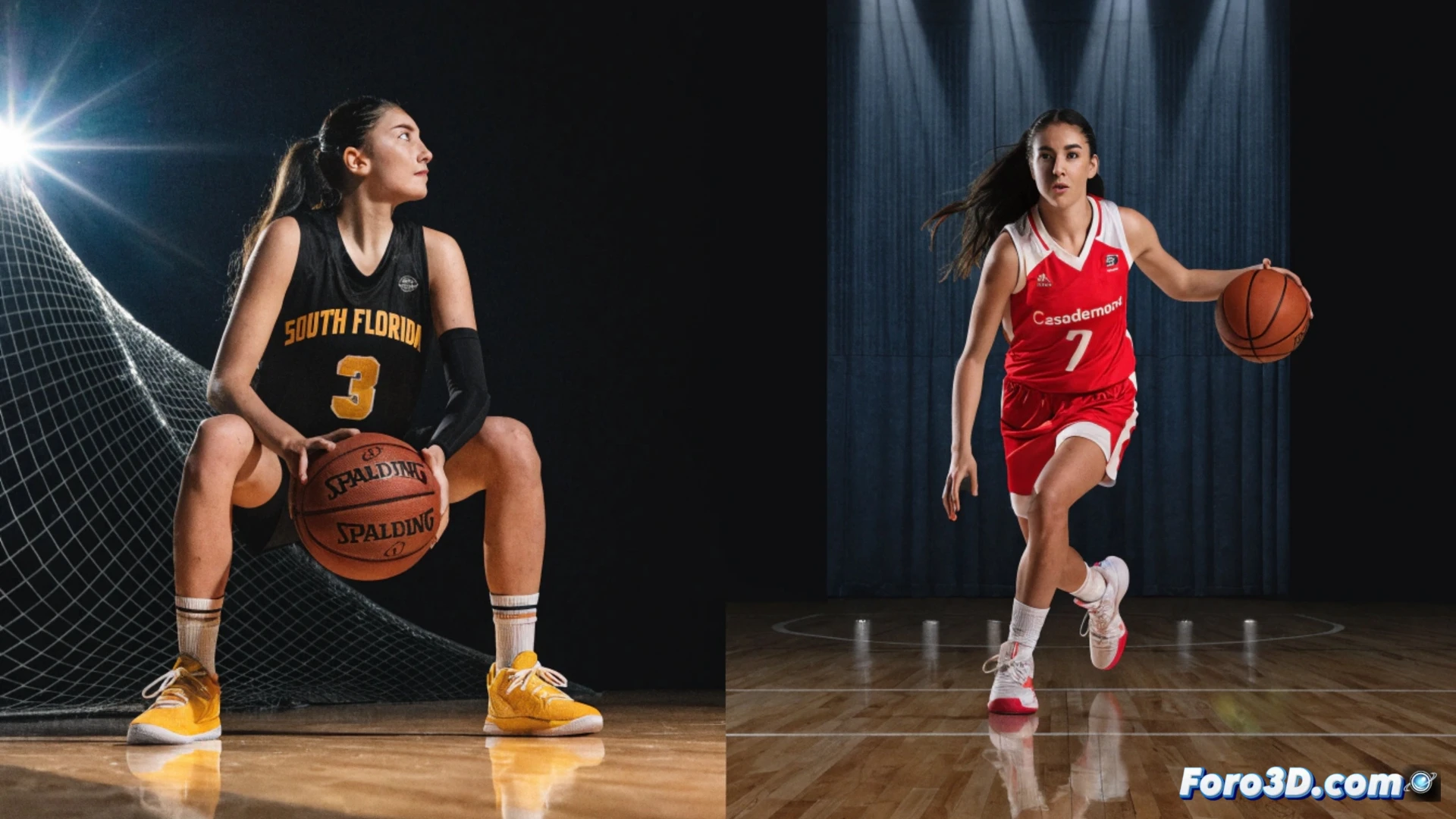 young female basketball player in university jersey mid-dribble on court, dynamic action pose showing explosive drive toward basket, blurred background of stadium lights and wooden floor reflection, Casademont Zaragoza team logo visible on jersey, technical illustration style emphasizing muscle tension and ball trajectory, photorealistic sports visualization, sweat droplets frozen in motion, gymnasium dramatic spotlighting, high-contrast shadows, ultra-detailed sneaker grip texture, net visible in background, cinematic sports photography aesthetic
