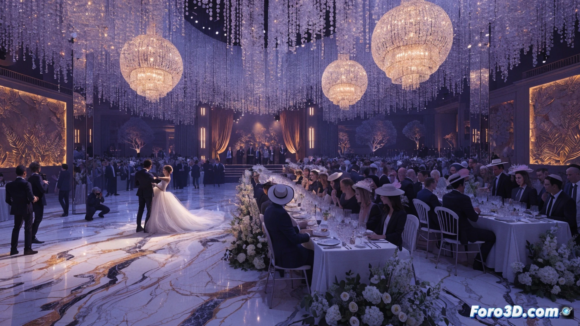 Wedding banquet table with overflowing champagne glasses and gold-decorated plates, a stressed couple reviewing a tablet showing a 32,000 euro budget, while a waiter presents a tray of expensive appetizers, financial stress visible on their faces, cinematic photorealistic style, dramatic lighting with soft golden tones contrasting with cold blue shadows, blurred background of elegant venue decorations, ultra-detailed textures of fabric and glassware, realistic emotional expressions, technical illustration of overspending anxiety