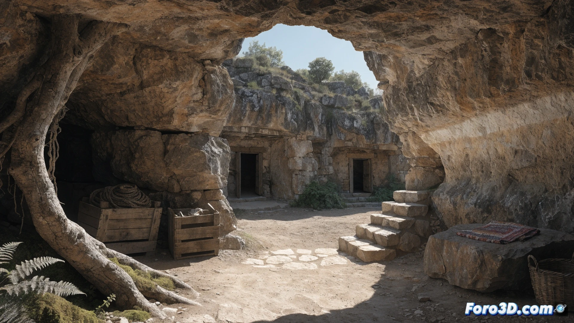 sección transversal de una casa cueva francesa en Trôo, mostrando el contraste térmico: exterior soleado a 35 grados Celsius con aire caliente ondulante, interior excavado en roca caliza a 20 grados estables, sin aire acondicionado ni ventiladores, muebles de piedra y madera, una persona sentada leyendo cómodamente, termómetros murales marcando ambas temperaturas, grietas naturales en la roca filtrando aire fresco, iluminación tenue y terrosa, estilo cinematográfico fotorrealista, textura rugosa de la roca, sombras profundas, luz natural entrando por la entrada abovedada, sensación de refugio subterráneo, ultra detallado, render técnico arquitectónico.