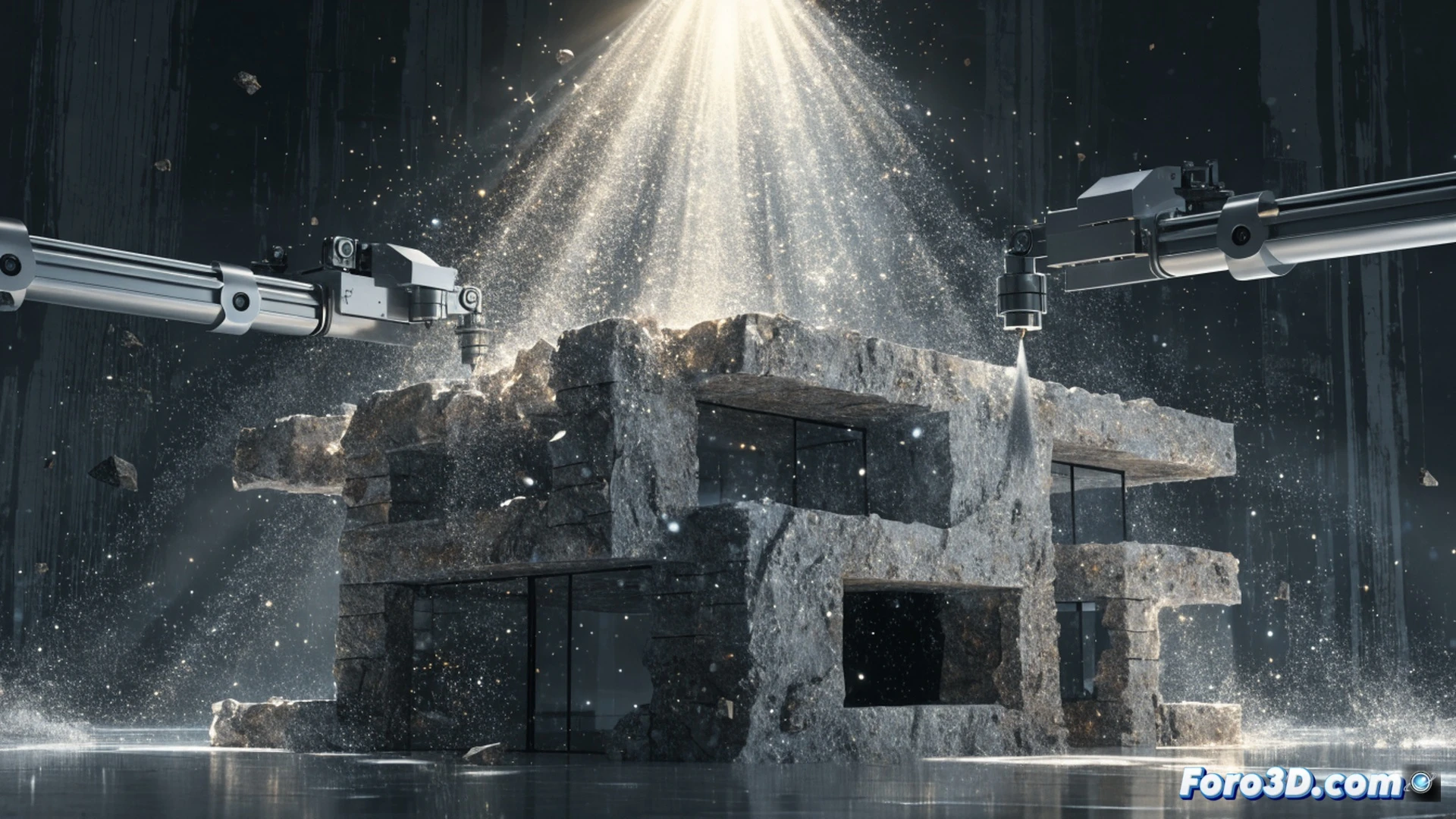 industrial robotic arm extruding synthetic stone material layer by layer, building a curved wall section of a house, ultraviolet curing lamps mounted on the printer head emitting bright blue-violet light, the material instantly hardening upon exposure, cross-section view showing dense stone composite structure, fireproof and waterproof texture visible, modern construction site with minimal scaffolding, bright daylight contrasting with UV glow, cinematic engineering visualization, photorealistic technical render, sharp focus on material transformation during printing process