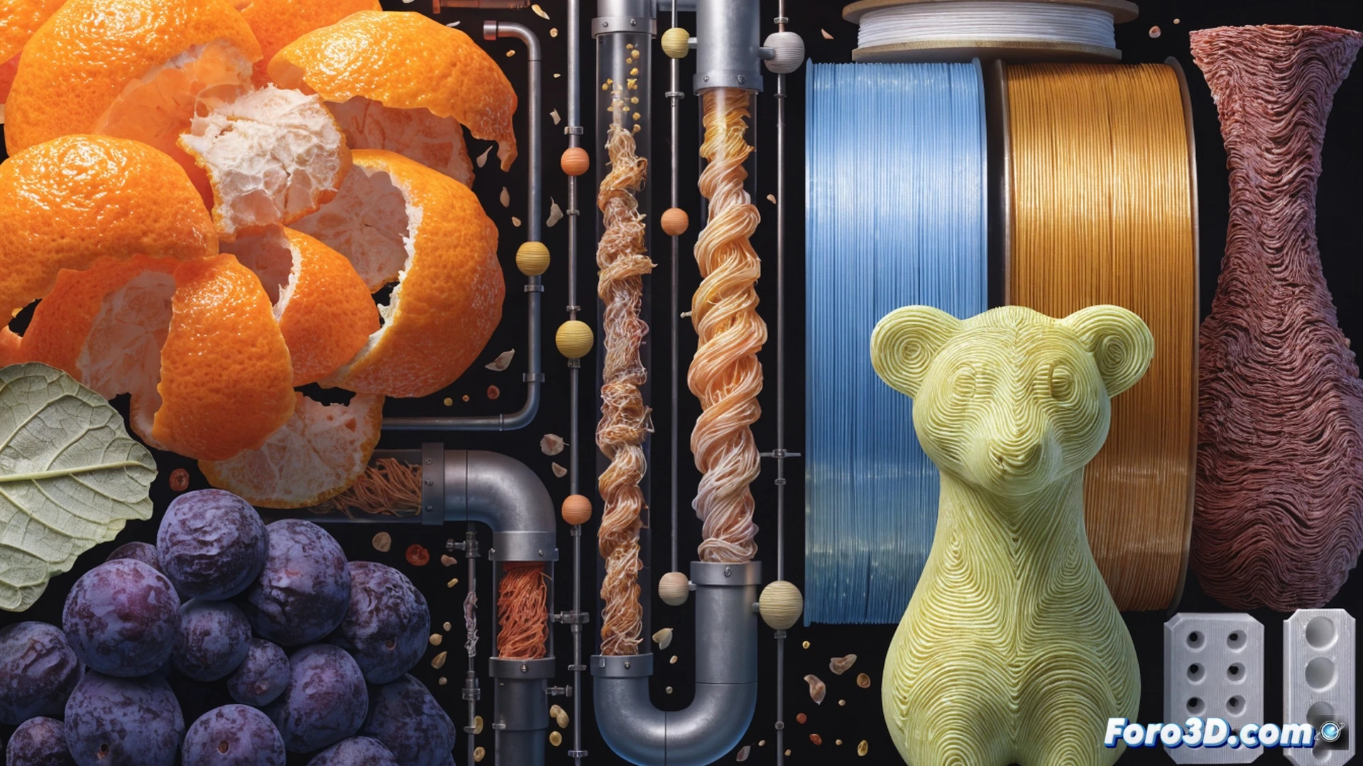 kitchen countertop scene showing discarded fruit peels entering a transparent hopper, internal shredding blades pulverizing orange and banana skins into fine pulp, conveyor belt feeding pulp into a heated extruder nozzle, molten organic filament emerging and spooling onto a reel, a 3D printer nearby printing a small toy figurine from the filament, bright natural daylight from window, photorealistic technical illustration, clean white background, detailed mechanical components, glossy plastic-like finish on filament, soft shadows, cinematic depth of field