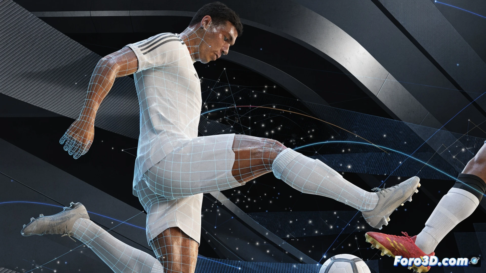 professional 3D technical illustration of a football player in defensive action, biomechanical analysis overlay showing joint angles and muscle activation, glowing red and blue lines tracing movement prediction and positioning, tactical formation diagram floating nearby, player mid-tackle with controlled leg extension, ball at foot, opponent blurred in background, cinematic engineering visualization, dark stadium lighting with spotlight effect, photorealistic human anatomy render, motion blur on limbs, wireframe skeleton visible through skin, tactical zone grid on pitch, ultra-detailed shin guards and boots, dramatic shadows, high-contrast industrial lighting