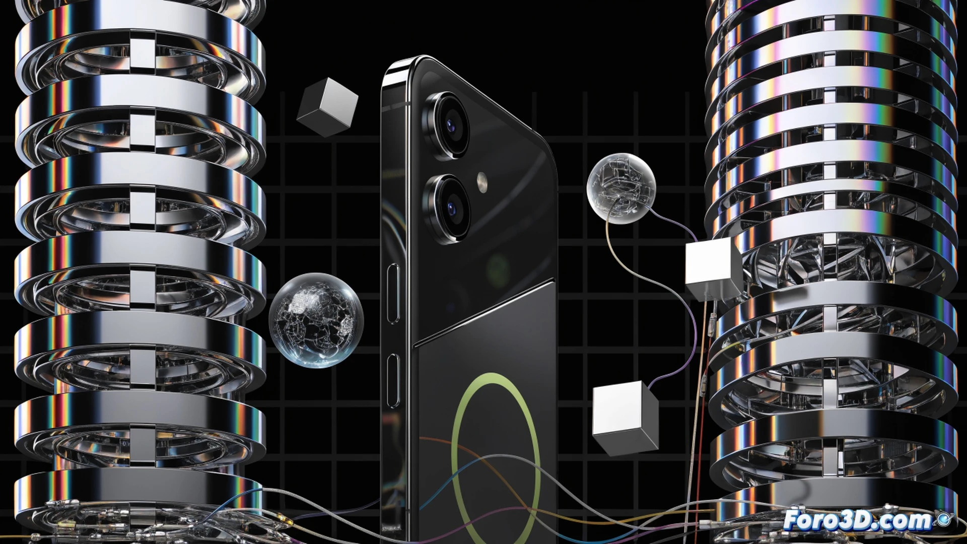 smartphone with Cash App branding floating above a 3D network grid, glowing 5G signal waves radiating from the device, digital payment interface displayed on screen with unlimited data icon, AT&T tower silhouette in background, hands holding the phone while activating a no-contract plan, process of switching from traditional carrier shown as a broken chain link falling away, cinematic technical illustration, photorealistic render, cool blue and green neon lighting, holographic financial data streams wrapping around the device, sleek metallic finish, high-contrast shadows, ultra-sharp details, engineering visualization style