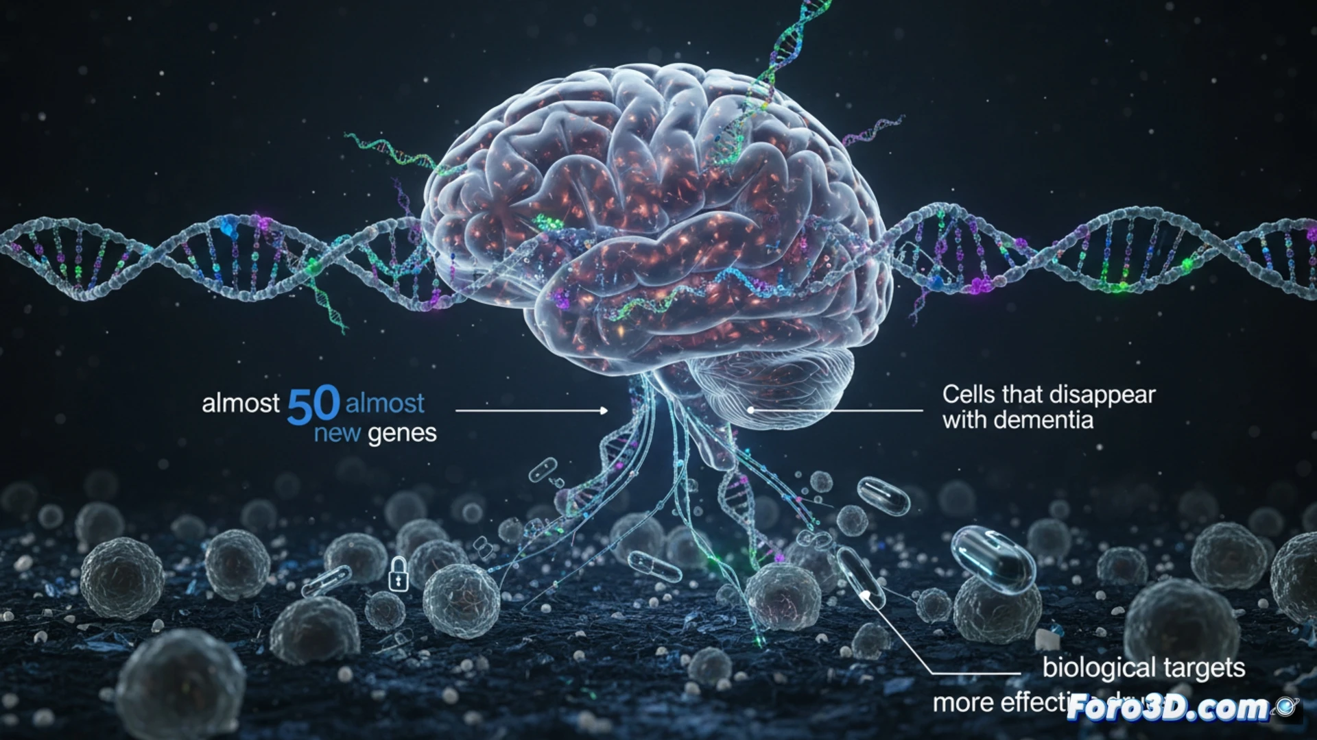 Microscopic neural landscape showing DNA double helices being extracted from brain cells, glowing gene sequences floating upward while Alzheimer plaques dissolve in background, laboratory robotic pipette arm positioning over a petri dish with fluorescent markers, synaptic connections being repaired by molecular machinery, technical illustration style, bioluminescent blue and orange color palette, detailed cellular structures visible, photorealistic scientific visualization, dramatic side lighting from lab equipment