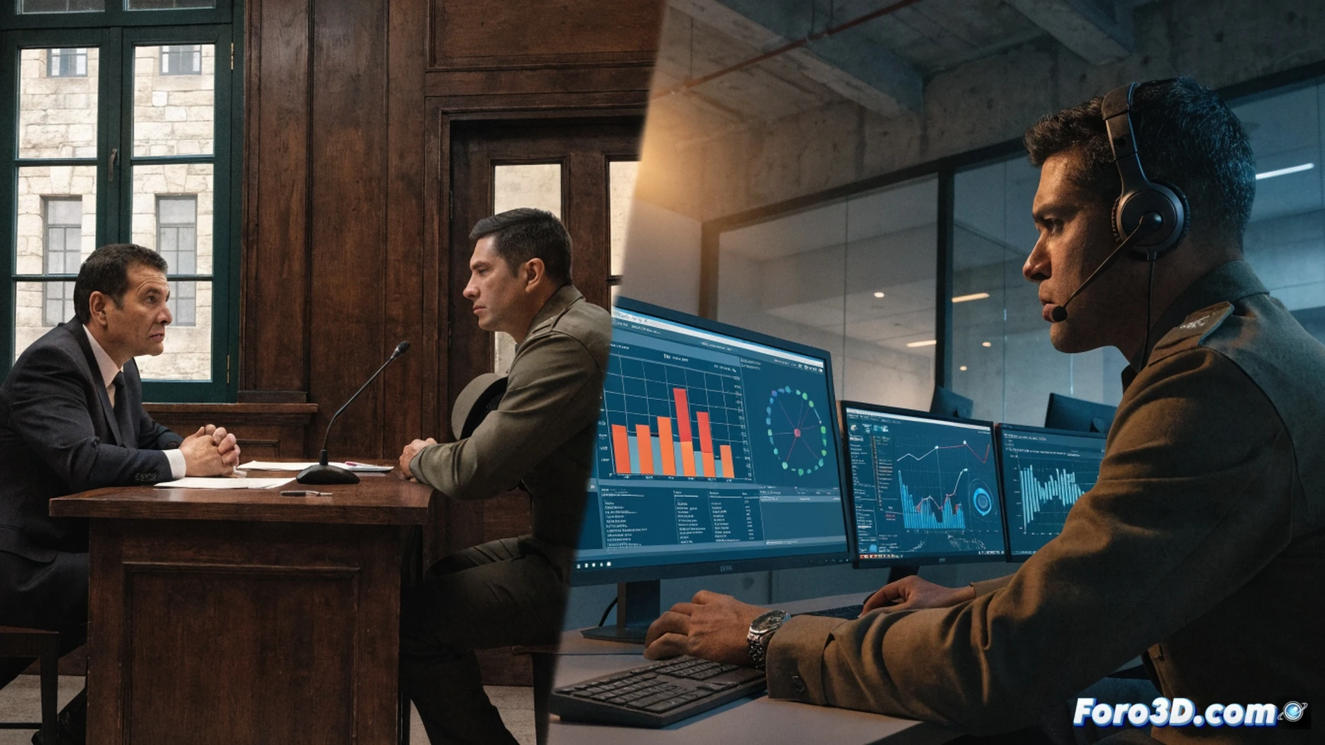 Guardia Civil officer examining financial documents on a digital tablet, stacks of euro banknotes on a desk, mobile phones in evidence bags, forensic accountant analyzing transaction graphs on a monitor, paper trails with red markers highlighting suspicious payments, cash being counted, technical investigation scene, cinematic photorealistic style, dramatic overhead lighting, dark official office background, detailed financial records, evidence markers visible, realistic procedural atmosphere