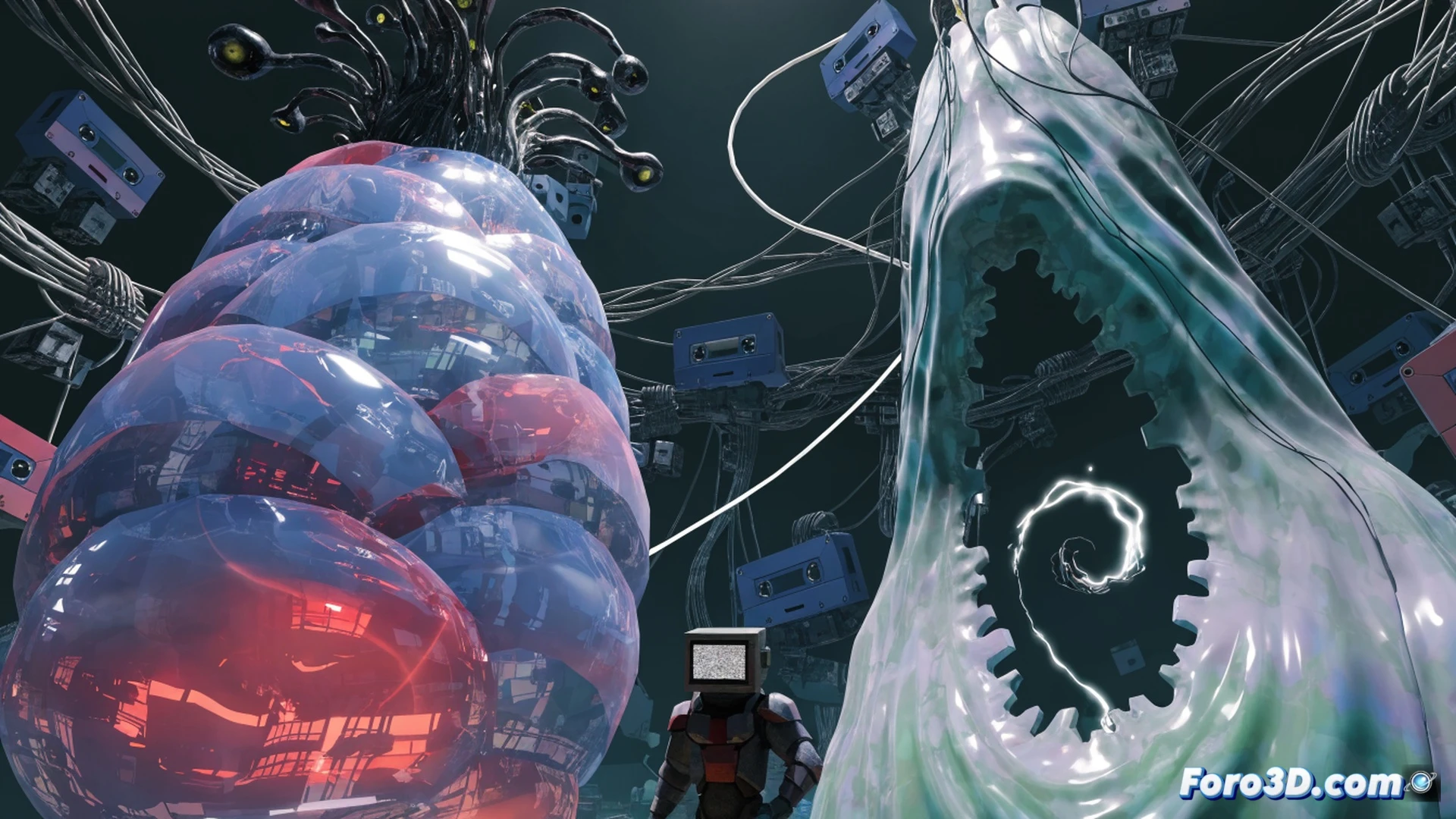 Low-poly 3D monster creature with pixelated textures standing in a neon-lit city street, a developer hand adjusting a Godot Engine 4.x node graph on a CRT monitor beside the scene, while sprite-based particle effects flicker from the creature’s attack, showing the mix of low-fidelity models and high-res 2D sprites, retro-futuristic technical illustration, grainy textures, simple geometric buildings, glowing magenta and cyan lights, cinematic engineering visualization.