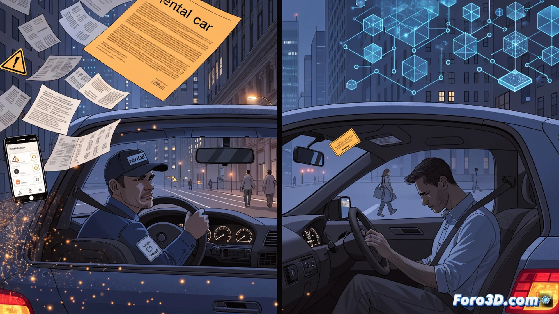 Two vehicles on a divided highway, left side a rideshare car with visible camera and GPS tracker being pulled over by police with flashing lights, right side a private SUV speeding past a speed camera without consequence, dashboard showing different penalty notifications, split-screen composition, photorealistic technical illustration, cinematic lighting with dramatic shadows, high-contrast urban night setting, asphalt texture, reflective road markings, detailed vehicle models with visible sensors and enforcement technology, action demonstrating selective enforcement during traffic monitoring