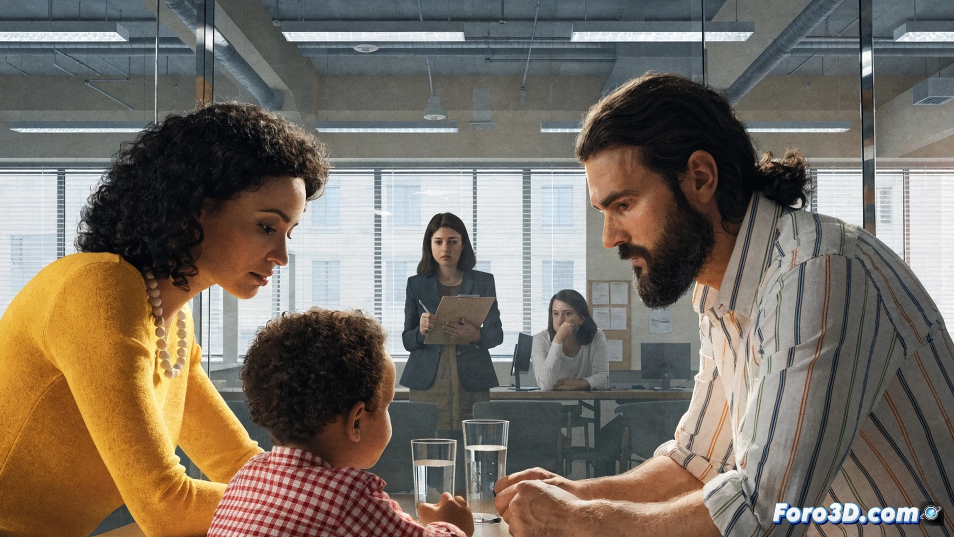 neutral family meeting room interior, social worker observing from a corner while a child interacts with a parent at a round table, visible security camera above the door, soft natural light through frosted windows, child holding a drawing while parent gestures gently, technical illustration style, calm professional atmosphere, beige walls with child-friendly furniture, clock on wall showing supervised visitation time, photorealistic architectural render, warm ambient lighting, clean lines, no text or numbers visible