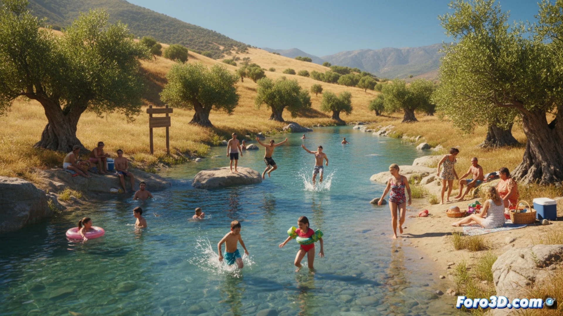 families cooling off in crystal-clear river water at a free natural bathing zone in Castilla-La Mancha, demonstrating safe swimming near rocky banks, children splashing while parents check water quality reports on a tablet, lifeguard monitoring from a wooden platform, bright summer sunlight reflecting off rippling water, lush green trees framing the scene, photorealistic technical illustration with safety signage visible, cinematic composition emphasizing community recreation and environmental monitoring