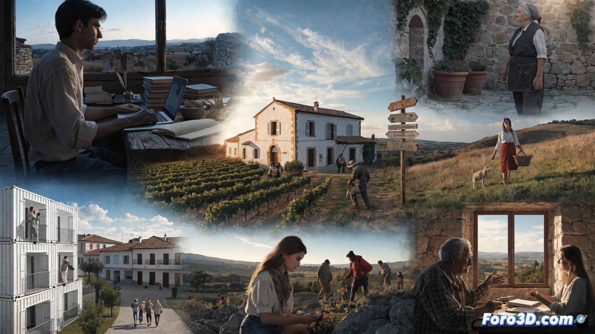 small rural village scene at golden hour, three people hanging a wooden sign reading premios contra despoblación on a renovated stone house, a woman using a tablet to check solar panel installation on a rooftop, a man repairing a community bench with a cordless drill, children playing near a newly painted playground, photovoltaic panels and a tiny weather station visible, photorealistic architectural visualization, warm sunlight casting long shadows, clean geometric composition, technical detail in building materials and tools, cinematic depth of field, bright earthy tones, precise lighting on textures