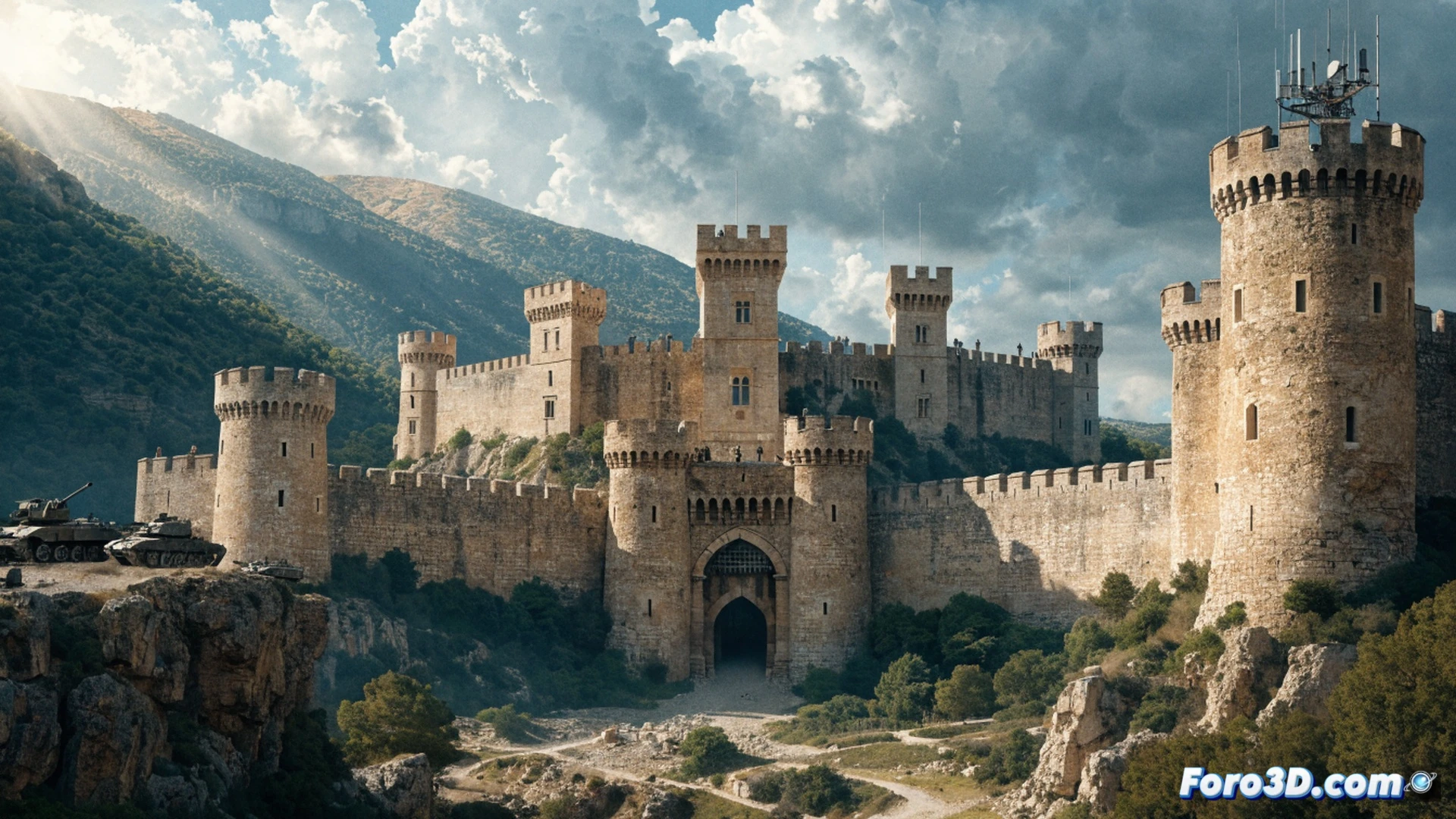 medieval Beaufort castle in southern Lebanon, Israeli military forces occupying stone battlements, soldiers setting up observation equipment on ancient ramparts, drone hovering above tower, sandbagged machine gun position between crenellations, destroyed sections of wall revealing modern antenna arrays, dusty hillside landscape, smoke rising from distant valley, photorealistic cinematic war documentary style, dramatic golden hour lighting casting long shadows, armored vehicle parked at castle base, technical military hardware integrated with historic stonework, ultra-detailed textures of weathered limestone blocks and modern camouflage netting