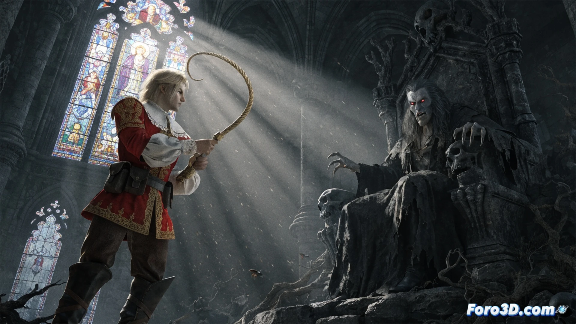 gothic castle ruins interior at midnight, whip-wielding hunter mid-swing striking a skeletal demon, Unreal Engine 5 nanite geometry on crumbling stone pillars, lumen global illumination casting dramatic shadows from candelabras, particle effects of dust and glowing embers, leather armor with metal studs reflecting dynamic lighting, photorealistic cinematic render, dark atmospheric fog, high-contrast volumetric light beams, hyper-detailed gothic architecture, action freeze-frame with motion blur on whip chain