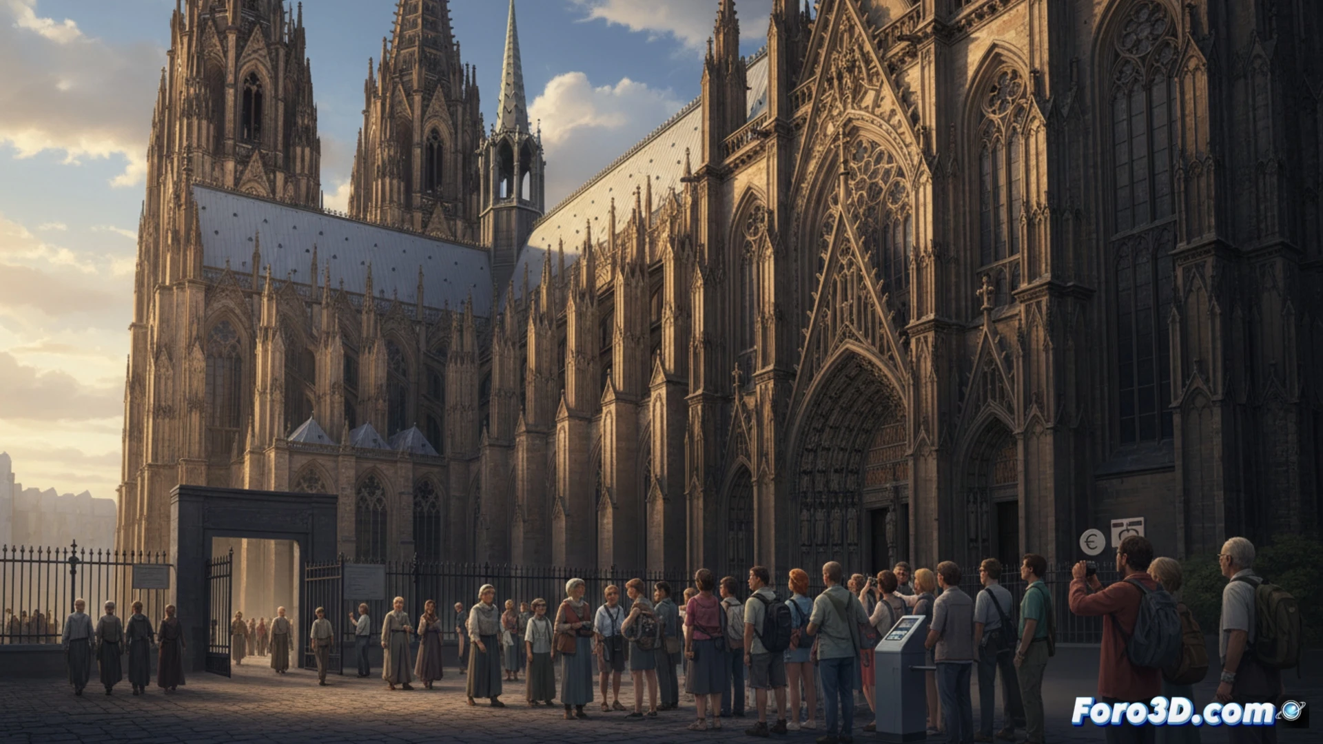 Gothic cathedral nave with tourists queuing at a digital ticket terminal showing 12 euro fee, maintenance workers on scaffolding repairing stone gargoyles while a priest guides praying visitors through a separate free entrance, structural cracks visible on vaulted ceiling, laser scanning equipment on tripod measuring stone decay, cinematic architectural visualization, dramatic side lighting through stained glass, photorealistic engineering illustration, stone dust particles floating in sunbeams, detailed masonry textures, worn medieval steps contrasting with modern payment kiosk