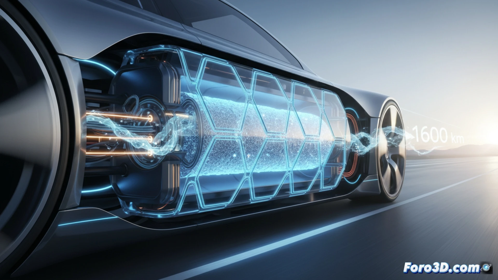 Batería de litio-aire transparente respira oxígeno, con un coche eléctrico recorriendo 1.600 km bajo un cielo futurista.