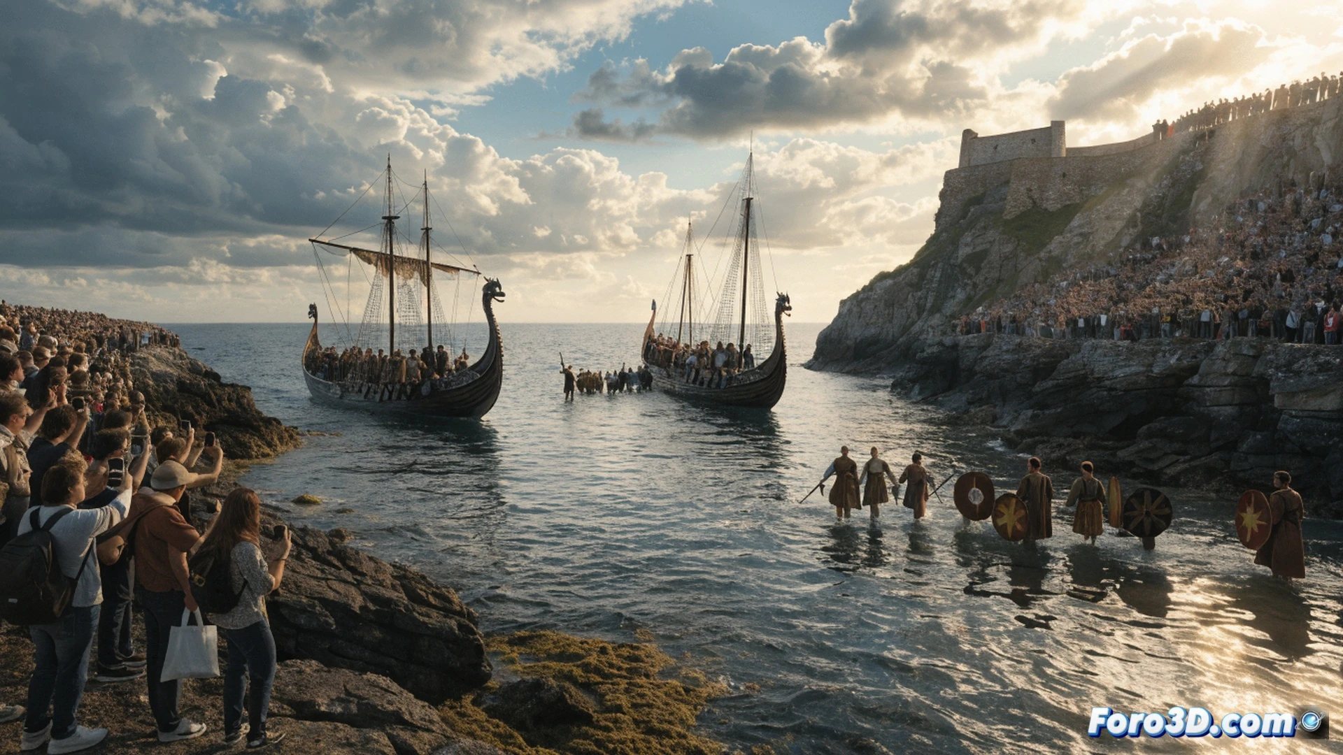 Medieval stone towers in Catoira, two viking drakkars approaching riverbank, longboat prows with carved dragon heads, actors dressed as warriors holding shields and axes jumping into shallow water, splashing water droplets, metal clashing during staged combat, wooden oars raised, crowd of spectators on shore, traditional Galician costumes, dramatic sunset lighting, cinematic photorealistic style, motion blur on running figures, dynamic action scene, ultra-detailed wooden ship textures, festive banners waving, historical reenactment atmosphere