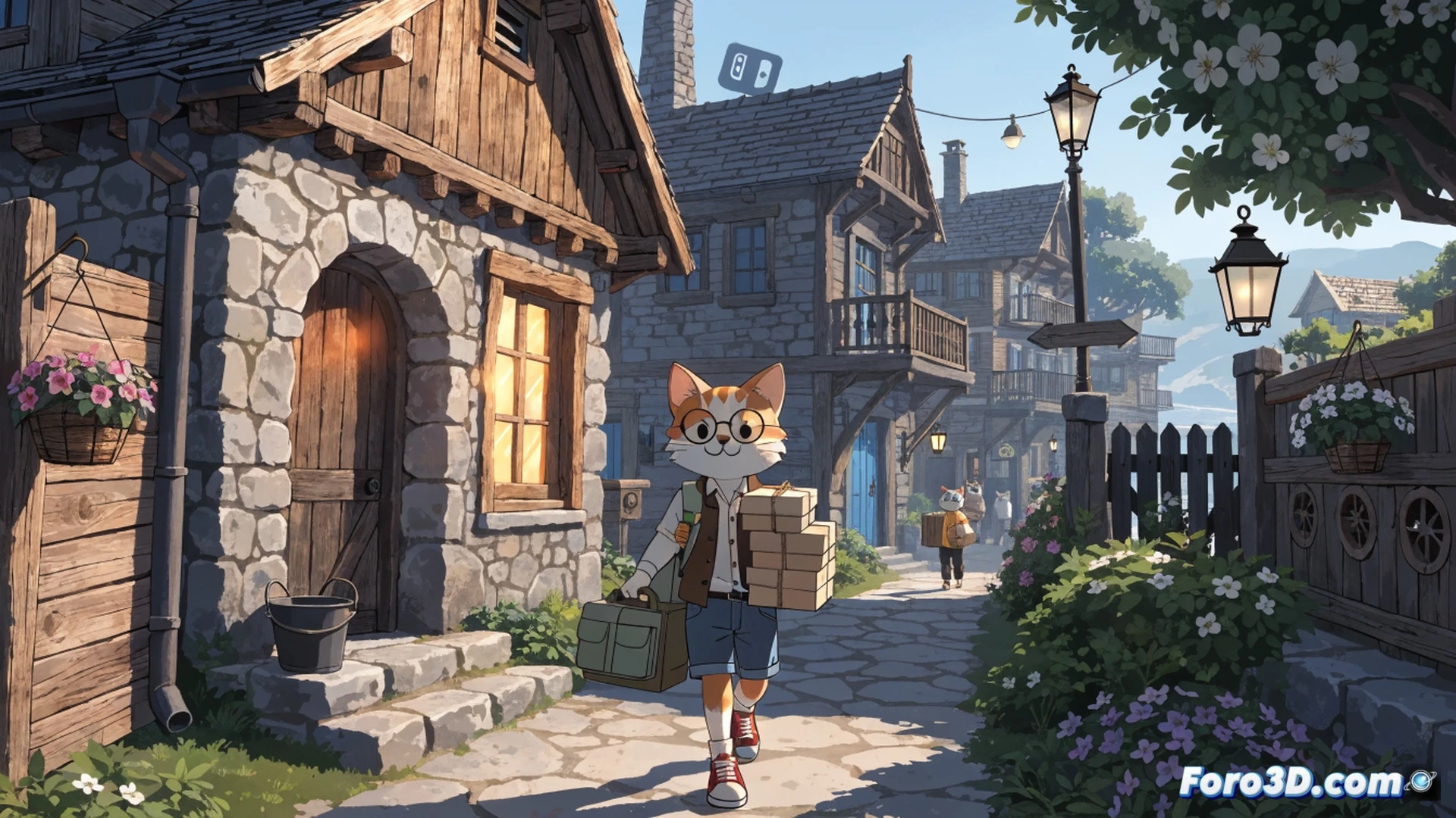 A warm-toned cozy village scene, a ginger cat postal worker in a tiny blue uniform cap carrying a letter in its mouth while running across a cobblestone street, a Nintendo Switch console placed on a wooden bench nearby showing the game menu screen, soft sunset lighting casting long shadows, small packages stacked beside a red mailbox, blooming flower pots on windowsills, relaxed storytelling atmosphere, charming low-poly art style, gentle depth of field, whimsical illustration aesthetic