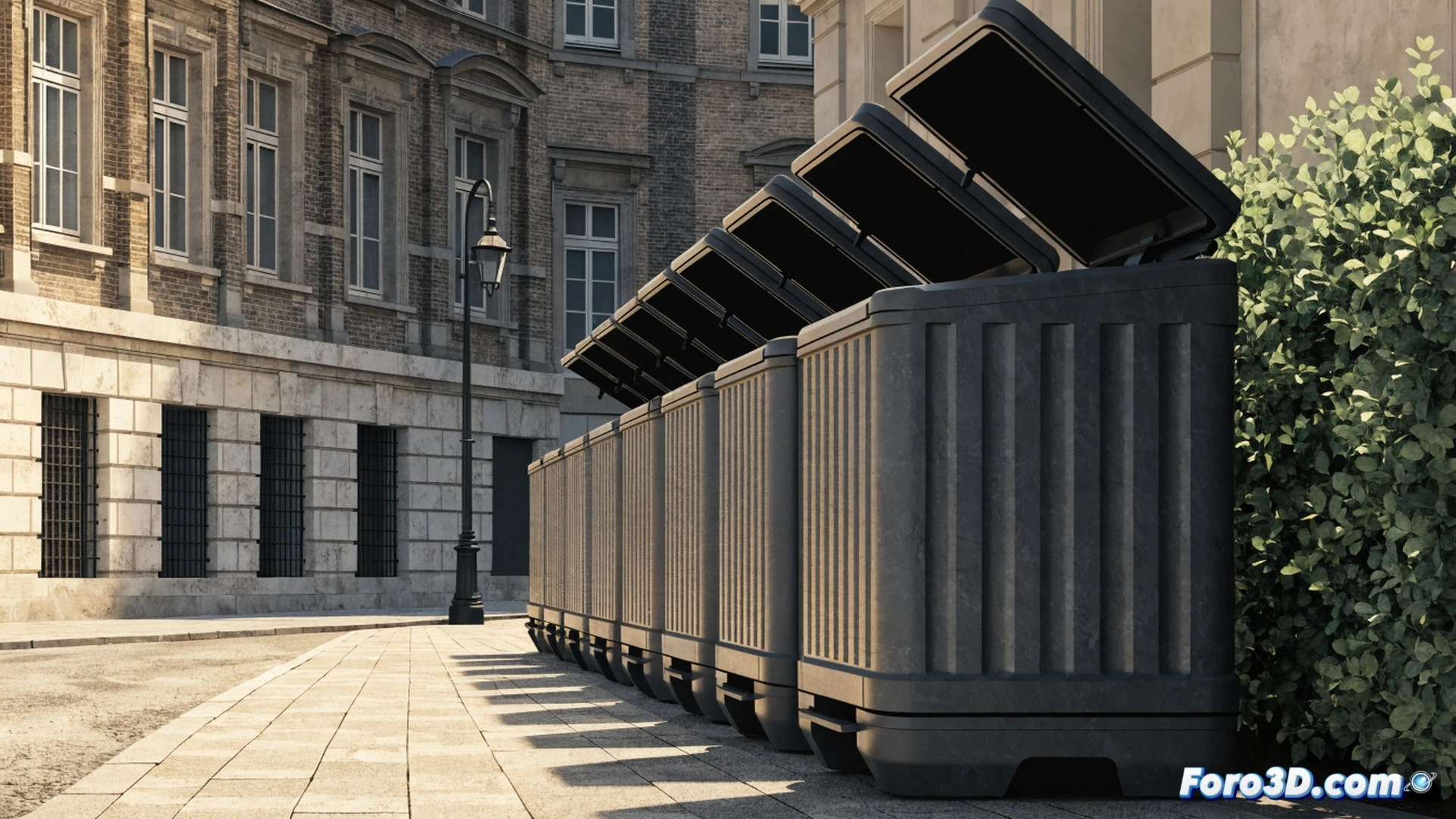 modern urban street scene at dawn, three new larger capacity waste containers being installed by municipal workers, one container being lifted off a flatbed truck using a hydraulic crane, another container already positioned on a concrete pad with its lid open showing reinforced plastic interior, workers in safety vests adjusting locking mechanisms, clean sidewalk surface contrasting with old smaller containers visible in background, photorealistic technical illustration, bright natural lighting highlighting the containers sleek grey-green finish, detailed mechanical components of the lift system, motion blur on lifting arm, realistic shadows, high-contrast industrial textures, engineering visualization style
