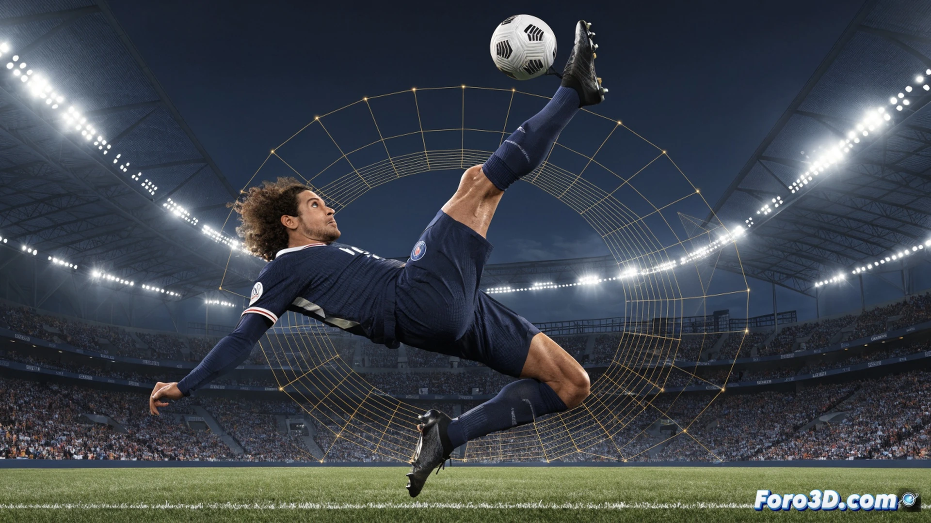 Edinson Cavani leaping for a header in a penalty area, biomechanical analysis showing muscle activation and joint angles during jump, defender trailing behind, ball at highest point of trajectory, stadium floodlights casting dramatic shadows, green grass texture, goalpost visible, photorealistic technical illustration, motion capture dots on Cavani jersey, wireframe skeleton overlay on legs, dynamic pose, suspended in air, intense focus on athlete, ultra-detailed anatomy, cinematic sports engineering visualization