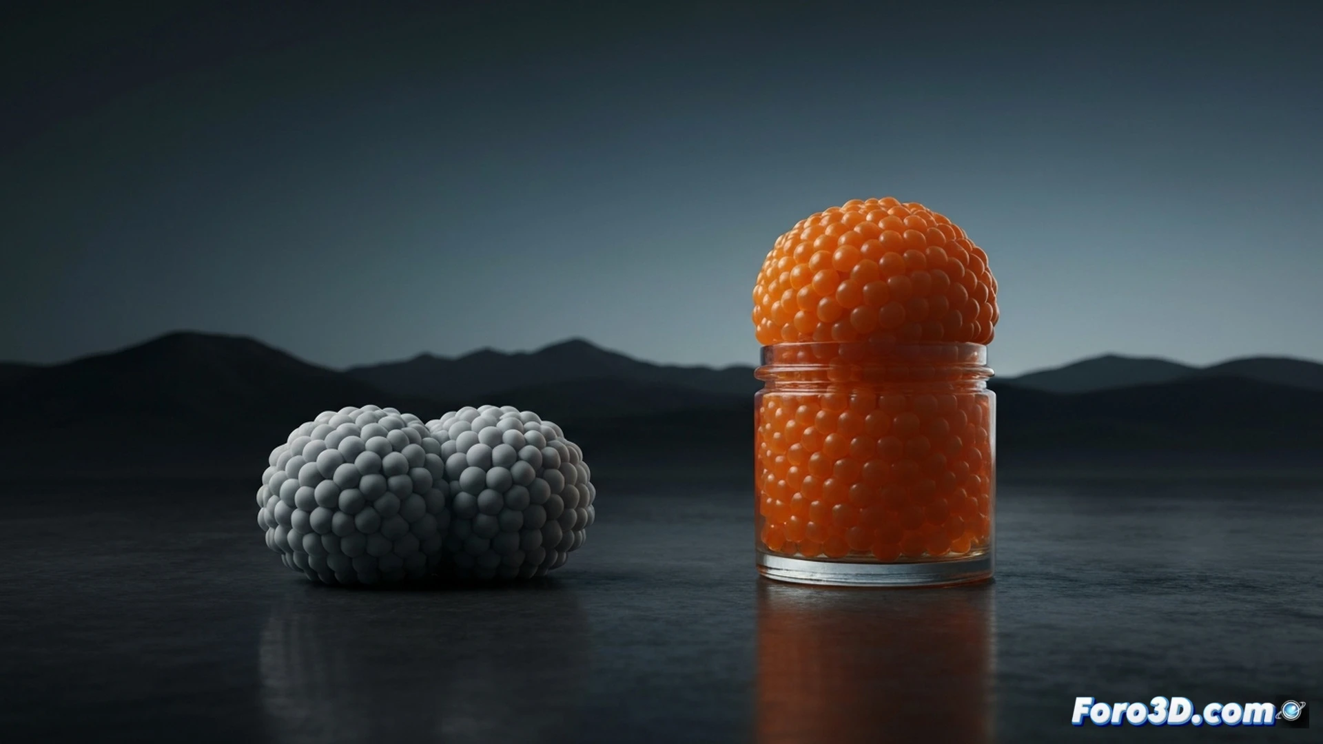 macro close-up shot of a 3D food printer nozzle depositing translucent orange caviar pearls onto a glossy black plate, a single pearl being sliced open mid-air to reveal a liquid-filled core and layered shell structure, cross-section showing digital mesh wireframe overlay, adjacent computer monitor displaying CAD software with morphing sphere lattice and texture analysis graphs, laboratory lighting casting sharp shadows on stainless steel countertop, reflective droplets on metallic printer components, technical illustration style with engineering visualization, ultra-detailed surface textures, photorealistic render with cinematic depth of field