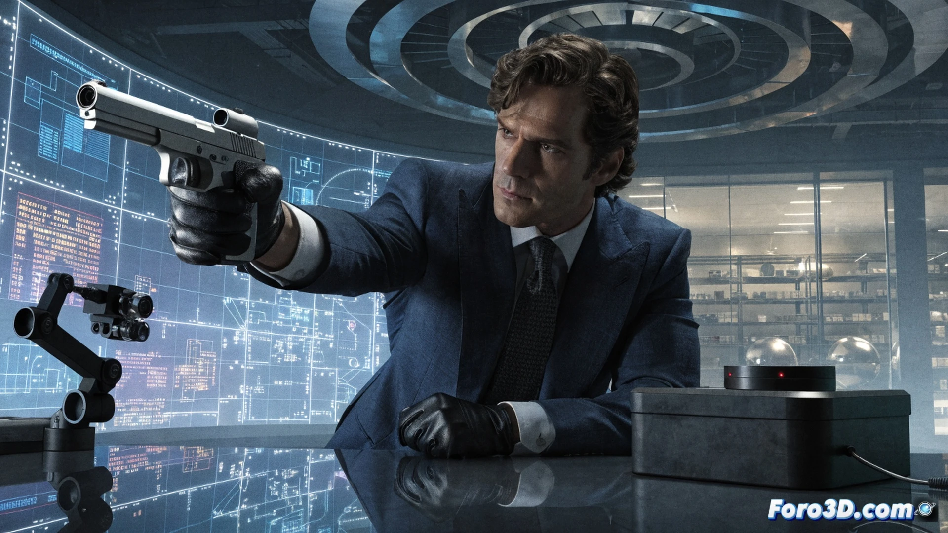Henry Cavill in a tailored grey suit holding a silenced pistol while crouched behind a server rack in a dim data centre, holographic globe projection displaying encrypted node connections, sparks flying from a damaged network switch, security cameras with red blinking lights, cinematic action thriller style, photorealistic render, dramatic low-angle lighting, dust particles suspended in air, tense spy atmosphere, ultra-detailed textures on metal and glass