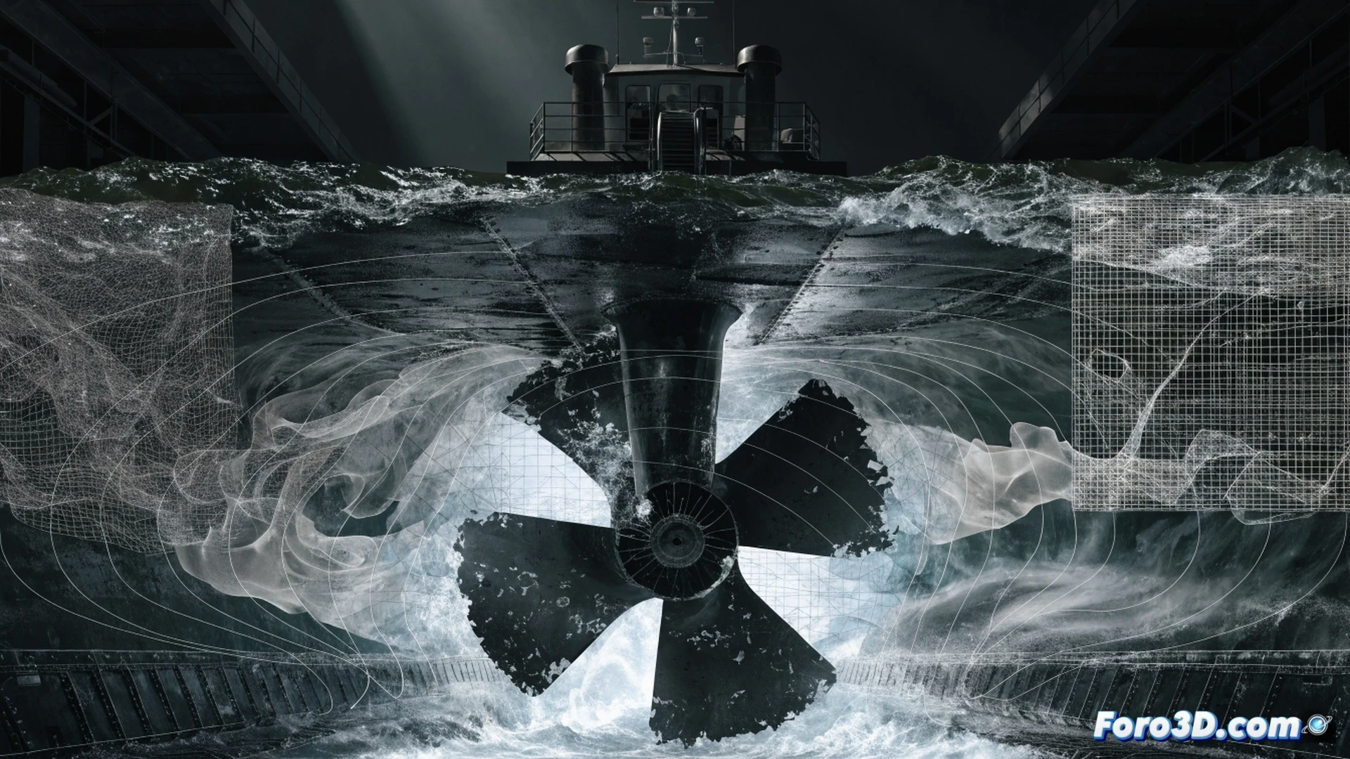 Underwater view of a tugboat propeller blade with severe cavitation damage, eroded metal surface showing pitting and cracks, while a 3D laser scanner on a tripod captures the blade geometry, PolyWorks point cloud data streams visible as floating dots, translucent blue ANSYS Fluent simulation overlay shows vapor bubble collapse zones and turbulent flow around the damaged profile, dramatic underwater lighting with suspended particles, photorealistic engineering visualization, hyper-detailed metal texture, technical illustration style