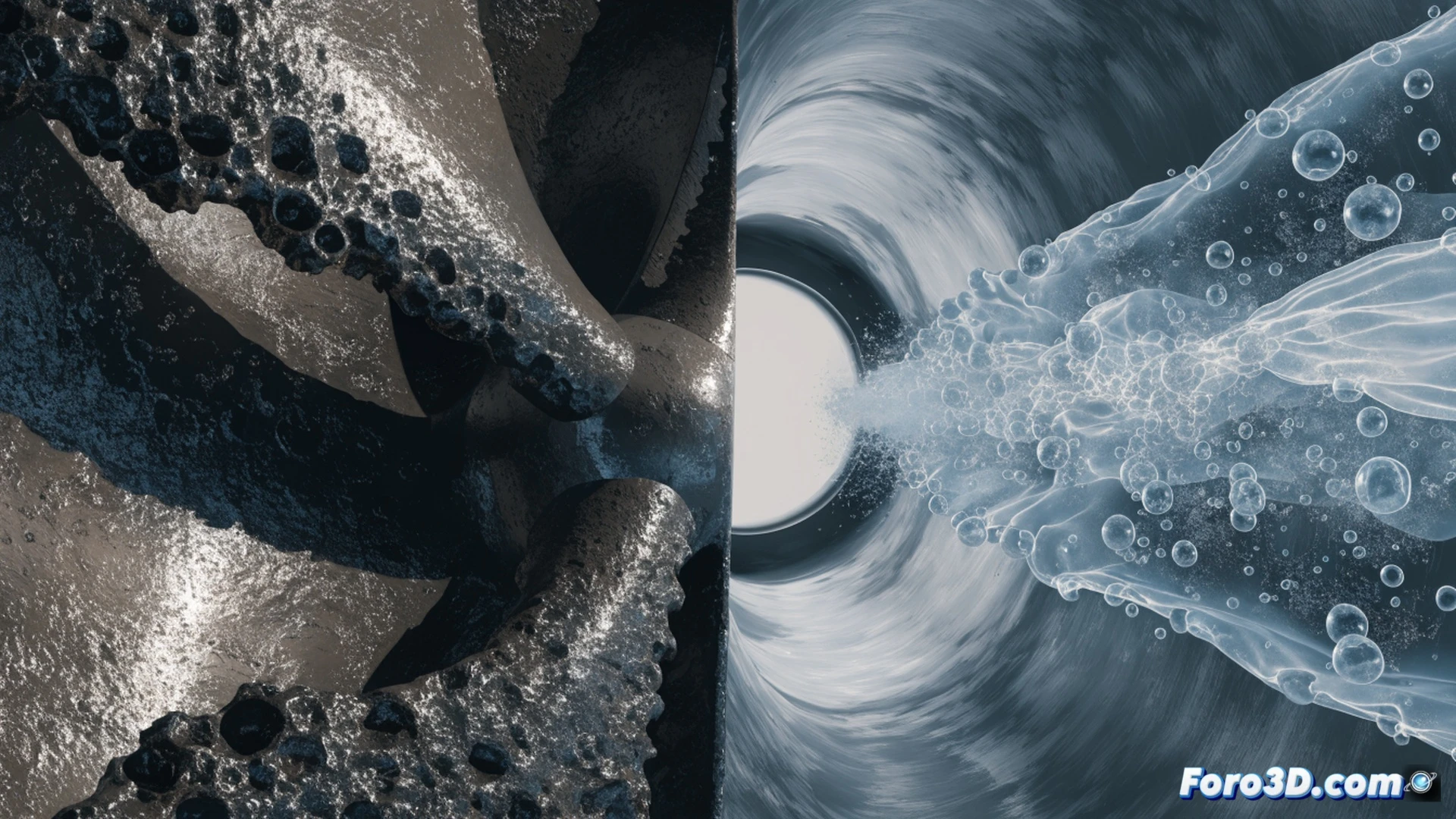 Close-up view of a ship tunnel thruster with severely eroded propeller blades, metallic surface pitting and cavitation damage visible, a PolyWorks 3D scanning arm in action capturing the blade geometry with blue laser lines, while an ANSYS Fluent simulation overlay shows turbulent water flow and collapsing vapor bubbles around the blade tips, dramatic underwater lighting with bubbles and debris, photorealistic engineering visualization, industrial inspection environment, high-contrast technical render